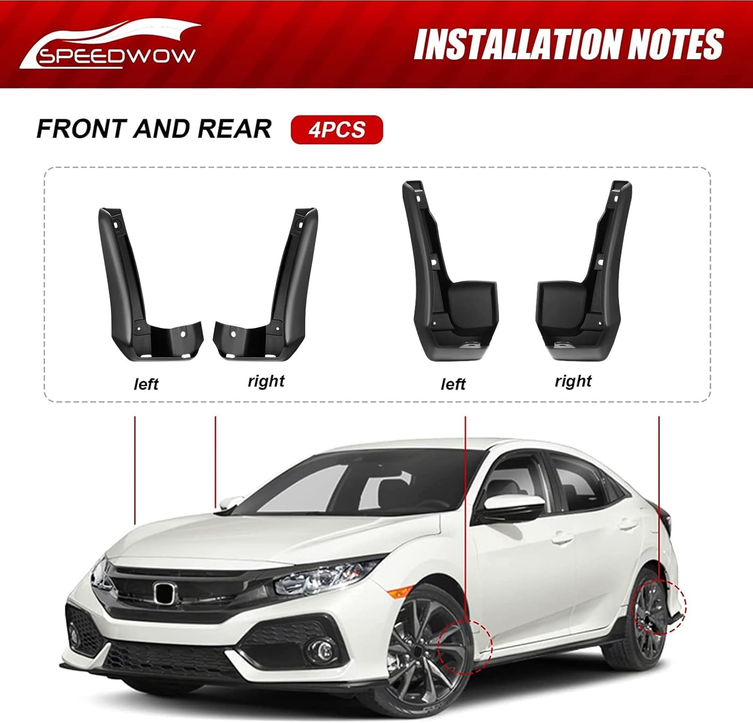 SPEEDWOW Mud Flaps,Fit for 2016-2019 Honda Civic(Not fit Side Skirts),Front and Rear 4Piece/Set（No Drilling Required）