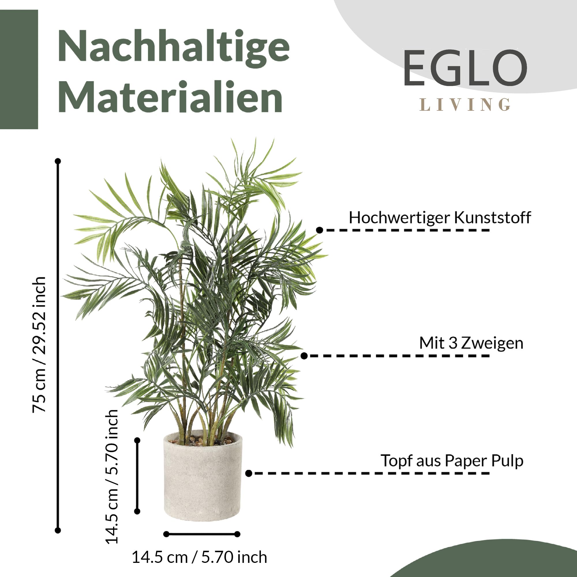 EGLO LIVING Kunstpflanze Tobetsu,75 cm künstliche Zimmerpflanze | Palme im Topf, naturgetreue Wohnzimmer Deko Pflanze, Kunstpalme groß, grüner Kunststoff und Paper Pulp