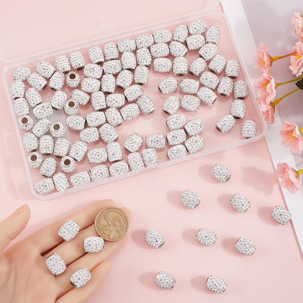 1 Box 100Pcs Rhinestone Polymer Clay Beads Crystal Barrel Bead Bulk European Large Hole Glass Rhinestones Loose Charm Beads for Snake Chains Bracelet Jewelry Making Earrings Hair Accessories