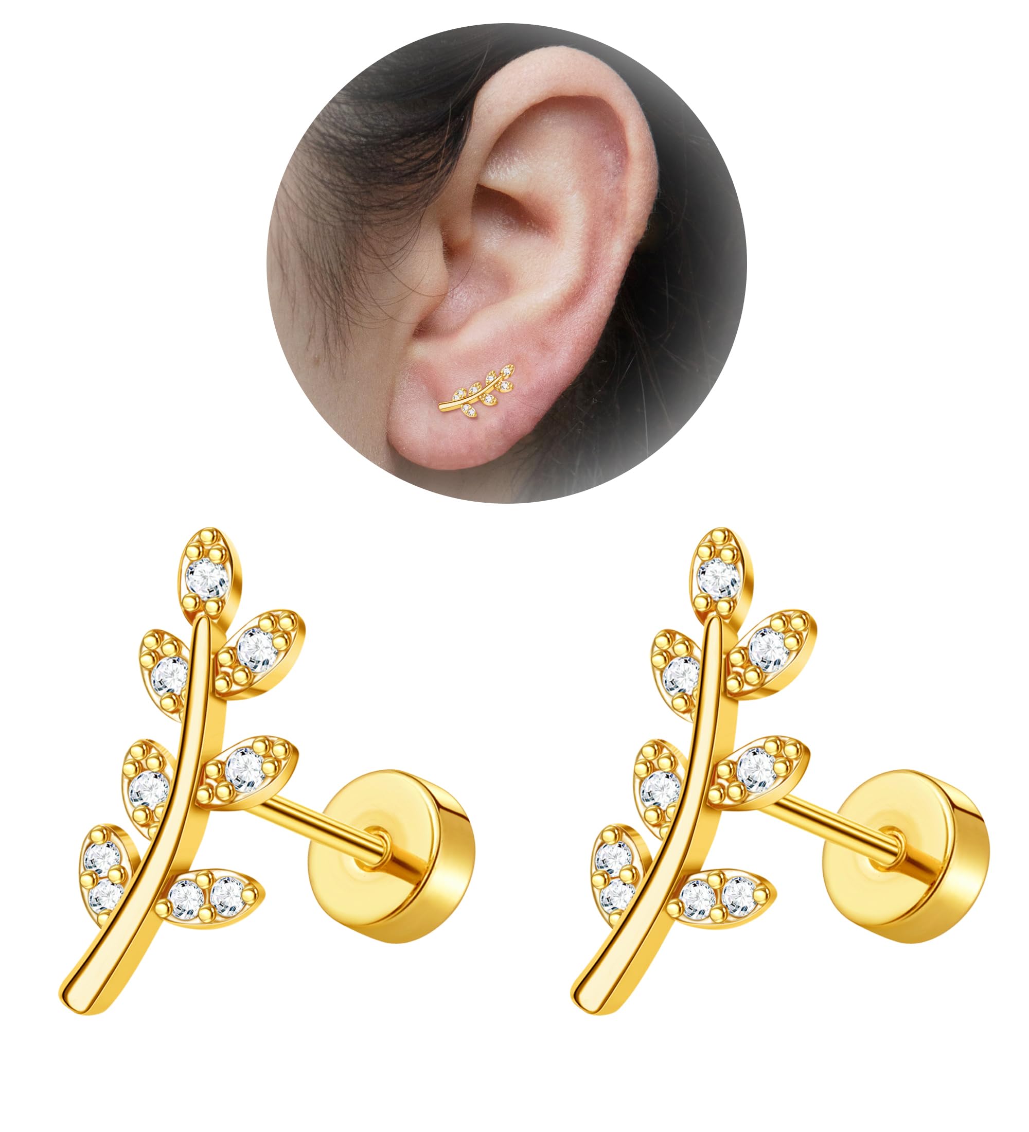 Enticera 20G Cartilage Earrings for Women 14K Gold Stainless Steel Flat Back Cartilage Stud Earrings for Sensitive Ear Leaf Opal CZ Handmade Helix Conch Piercing Jewelry Gold Leaf