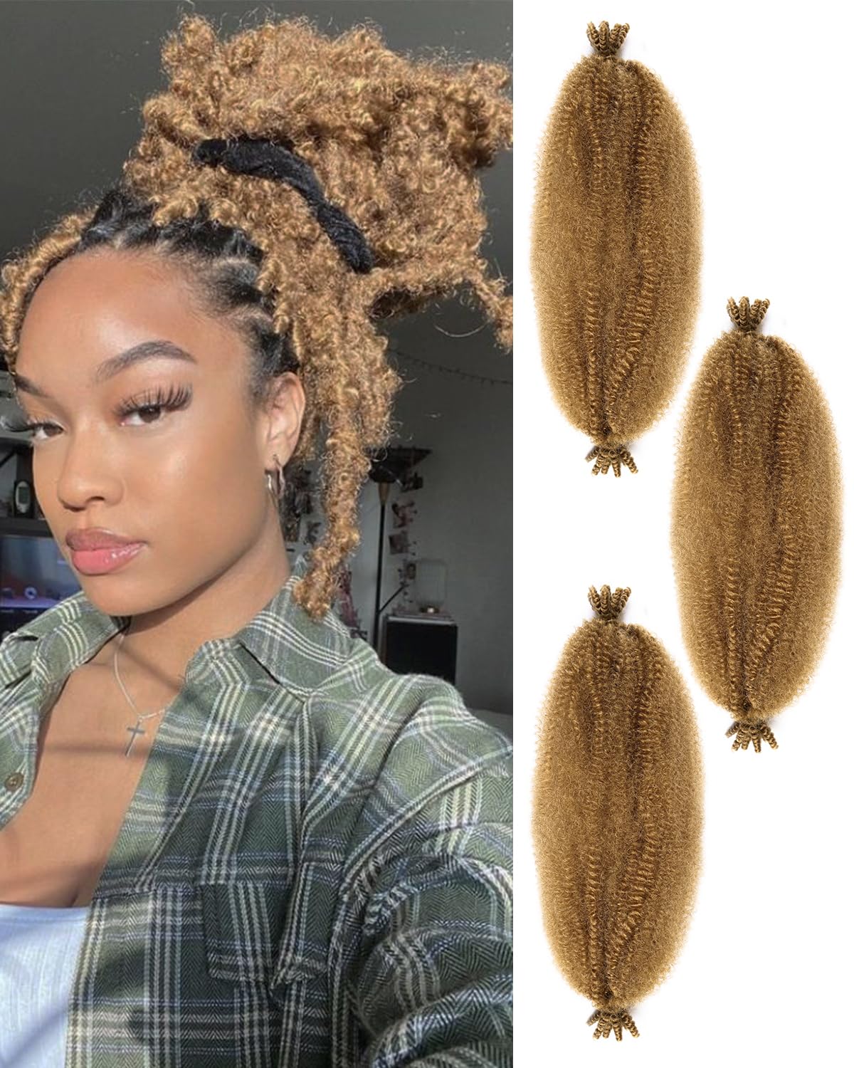 3 Packs Springy Afro Twist Hair with Crochet Hook, 16 Inch Pre-Separated Marley Crochet Braiding Hair for Distressed Soft Locs, Synthetic Hair