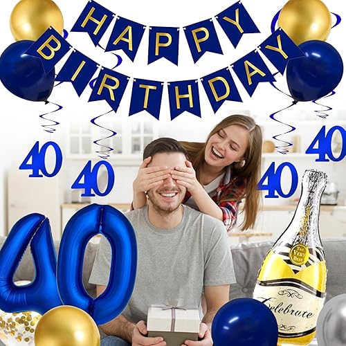 Miniatura 5 de Decoraciones de fiesta de cumpleaños número 40 azul y dorado para él y ella, pancarta de feliz cumpleaños, globo de aluminio con el número 40,