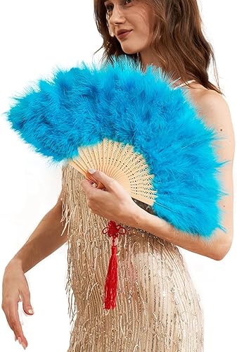 Happy Feather Abanico de mano con plumas de marabú, estilo vintage de los años 1920, para disfraz y baile - Azul Ácido Azul