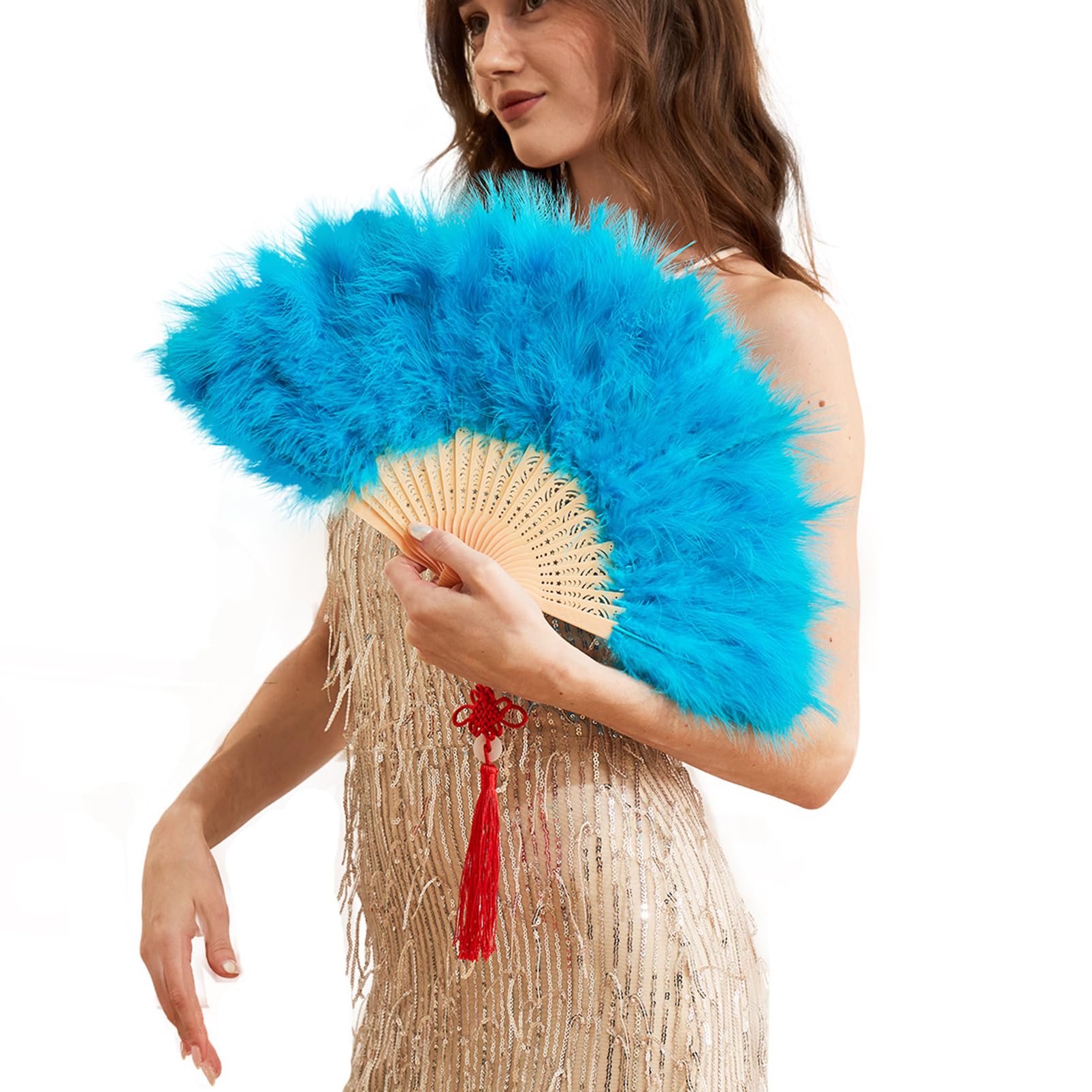 Happy Feather Handheld Marabou Feather Fan, 1920s Vintage Style Flapper Hand Fan for Costume Party and Dancing-Acid Blue