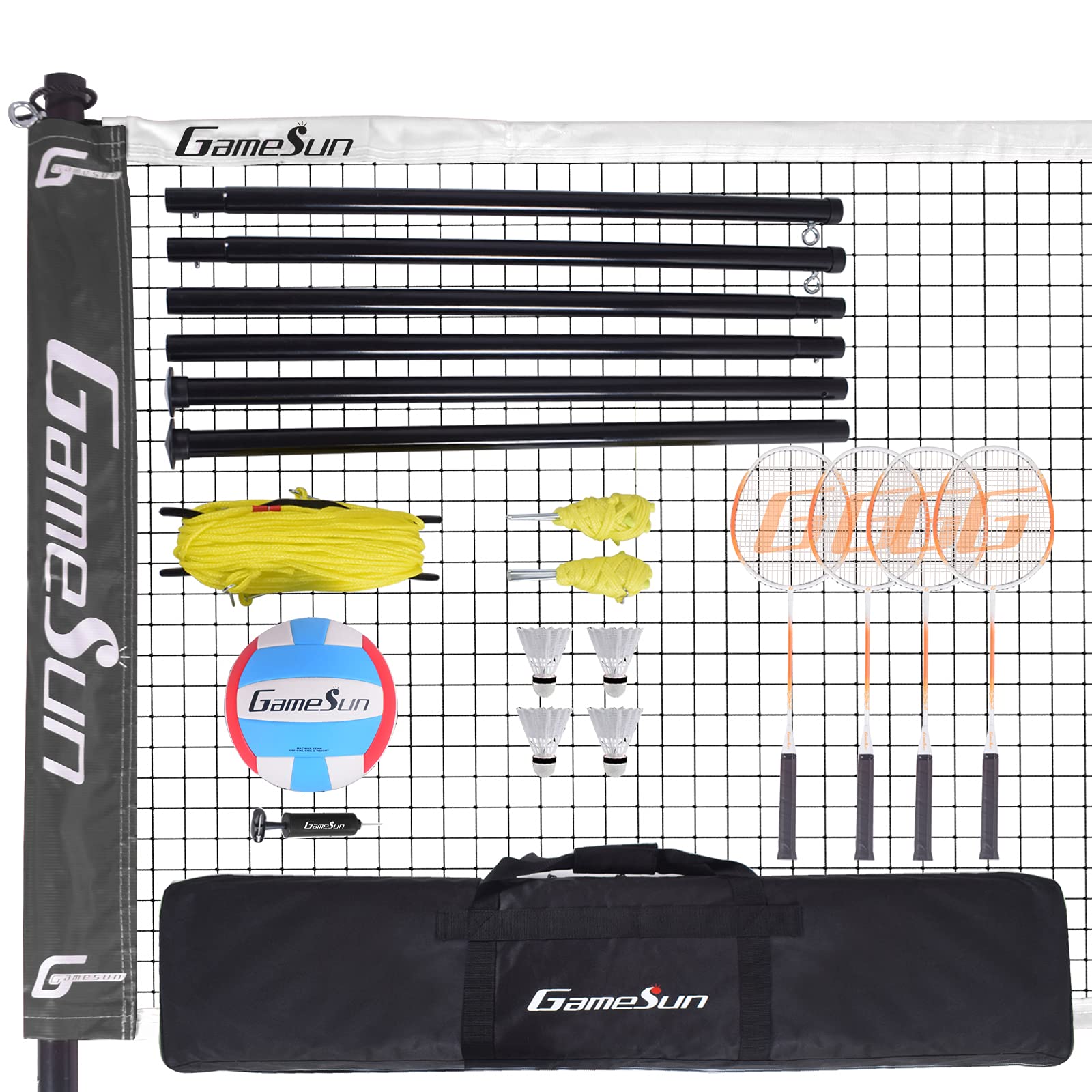 Volleyball Badminton Combo net Set for Backyard and Outdoor with Sleeve Net, 4 Pro Racquets, Nylon Carry Bag