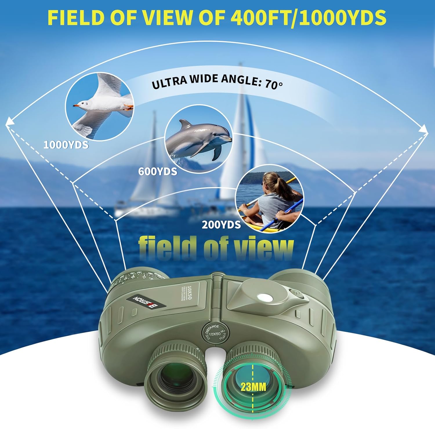 10X50 Marine Binoculars with Rangefinder Compass, Phone Adapter, IPX7 Floating Waterproof Marine Binoculars for Adults with BAK4 Prism FMC Lens for Sailing Boating Navigation Bird Watching - Image 7