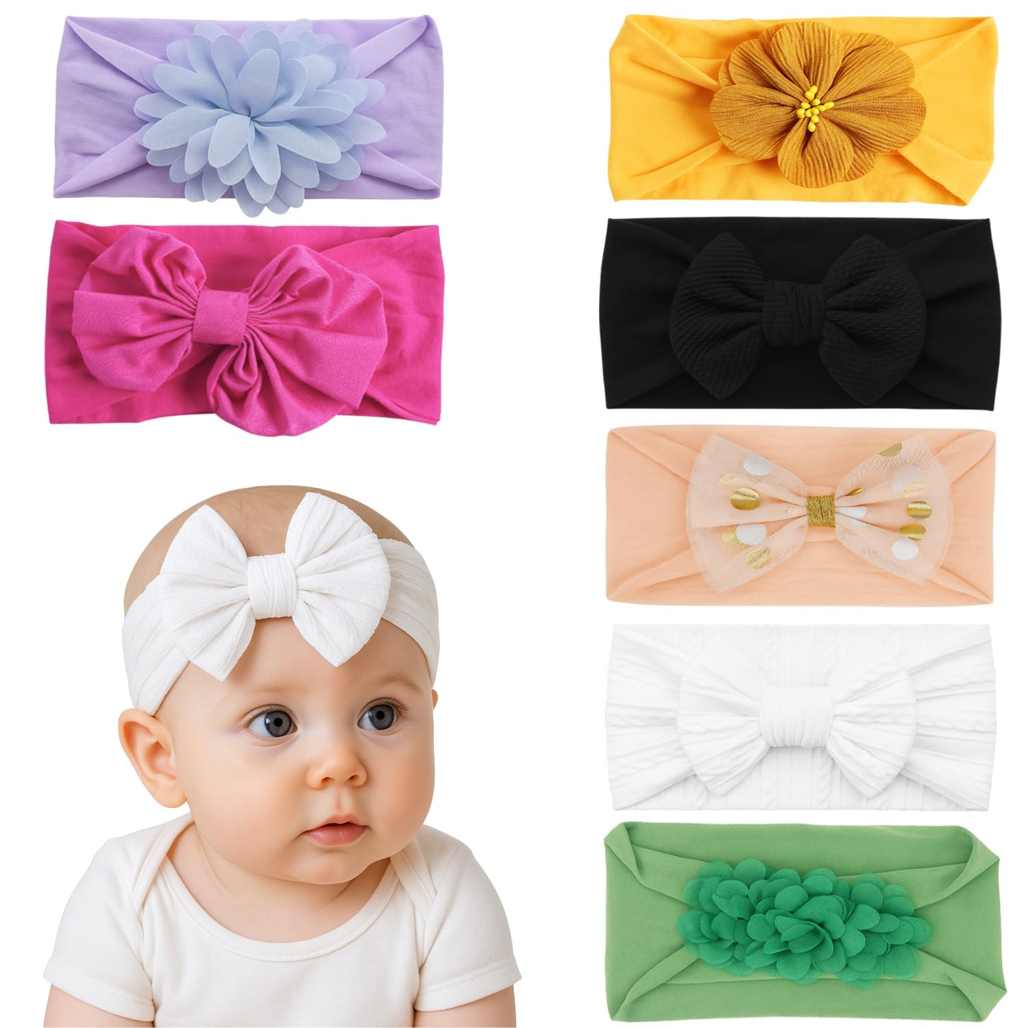 ANNA CREATIONS 7 Pcs Baby Headbands for Girls & Boys, Soft Stretchy Hair Bands with Bow, Flower and Knot Design, Comfortable and Stylish Hair Accessories for Newborn, Infant and Toddler Babies-image-32