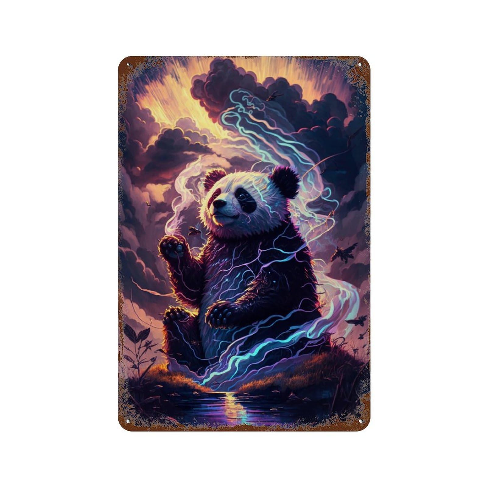 Rust Effect Electric Panda in Stormy Sky Rusty Metal Tin Sign 11.8"x7.9", Industrial Home Decor for Living Room, Hallway And Home Decor