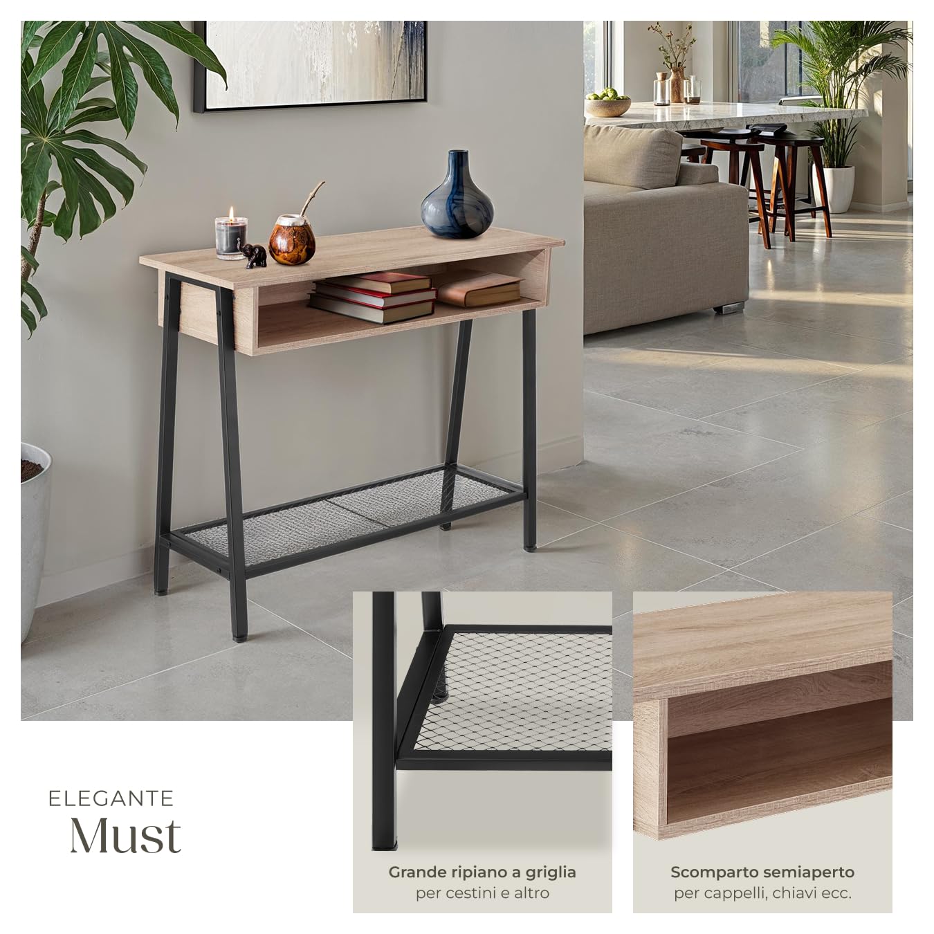 tectake® Tavolo Console, Struttura in Acciaio, Piano in Legno, Ripiano in Reticolato, Piedi Regolabili, Mobile Ingresso, Stile Industriale, Design Moderno - Industriale Legno Chiaro, Rovere Sonoma