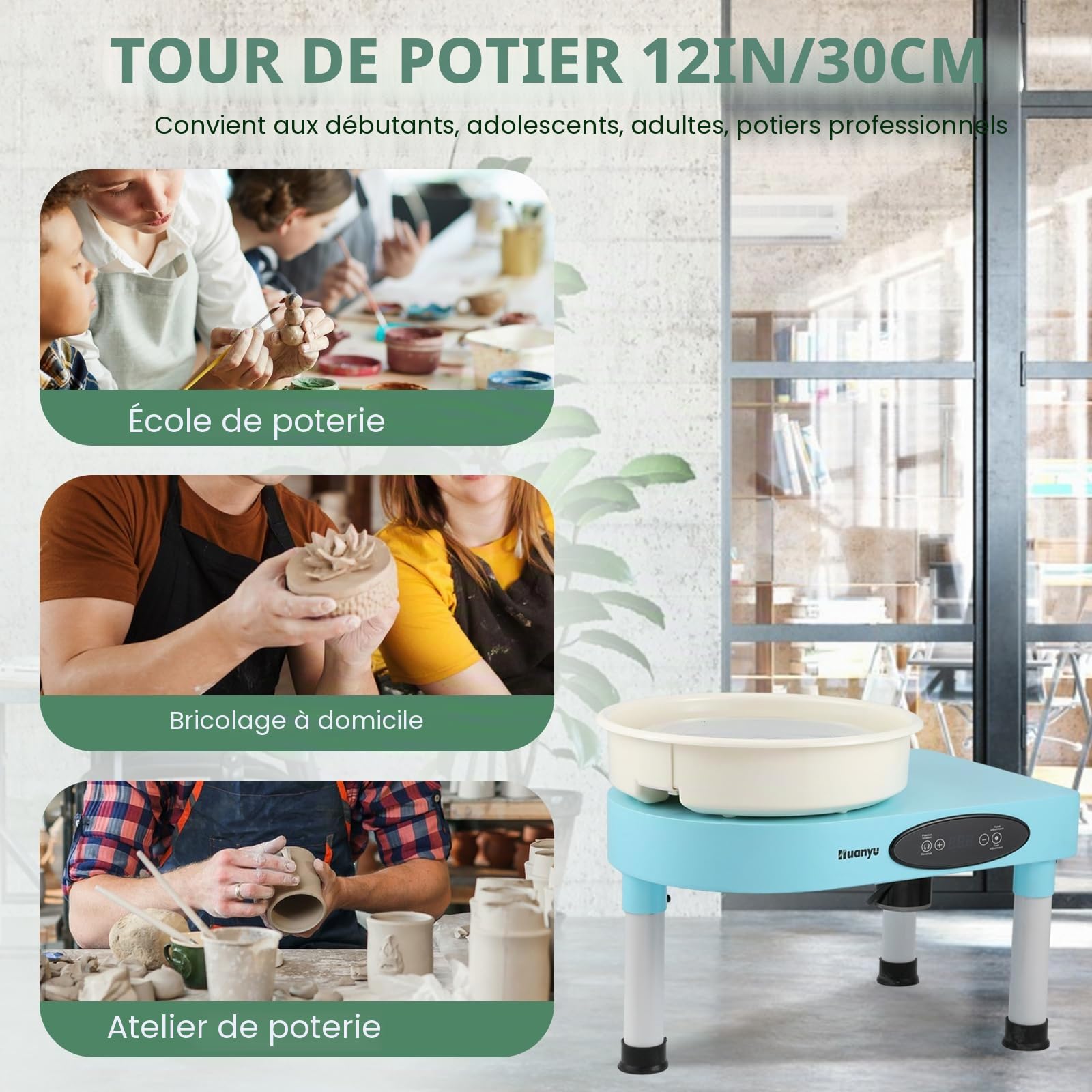 Huanyu Roue de poterie de 30 cm avec pieds réglables et pédale de commande Machine à céramique électrique de 350 W avec bassin amovible et kit d'accessoires de poterie