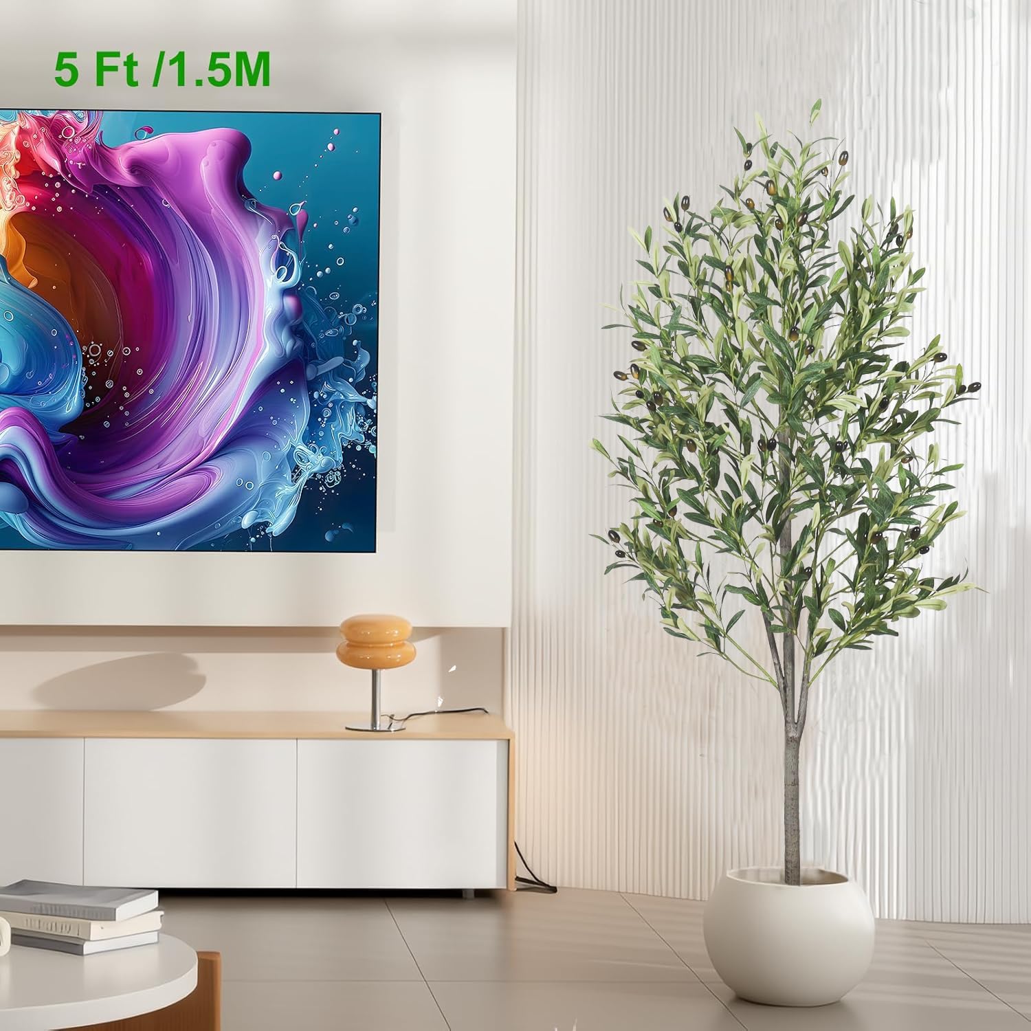 5-Foot Artificial Olive Tree, Indoor Artificial Plant, with Natural Trunk and Realistic Leaves and Fruits, Used for Home Office Decoration Thanksgiving Gift (+Woven Basket)