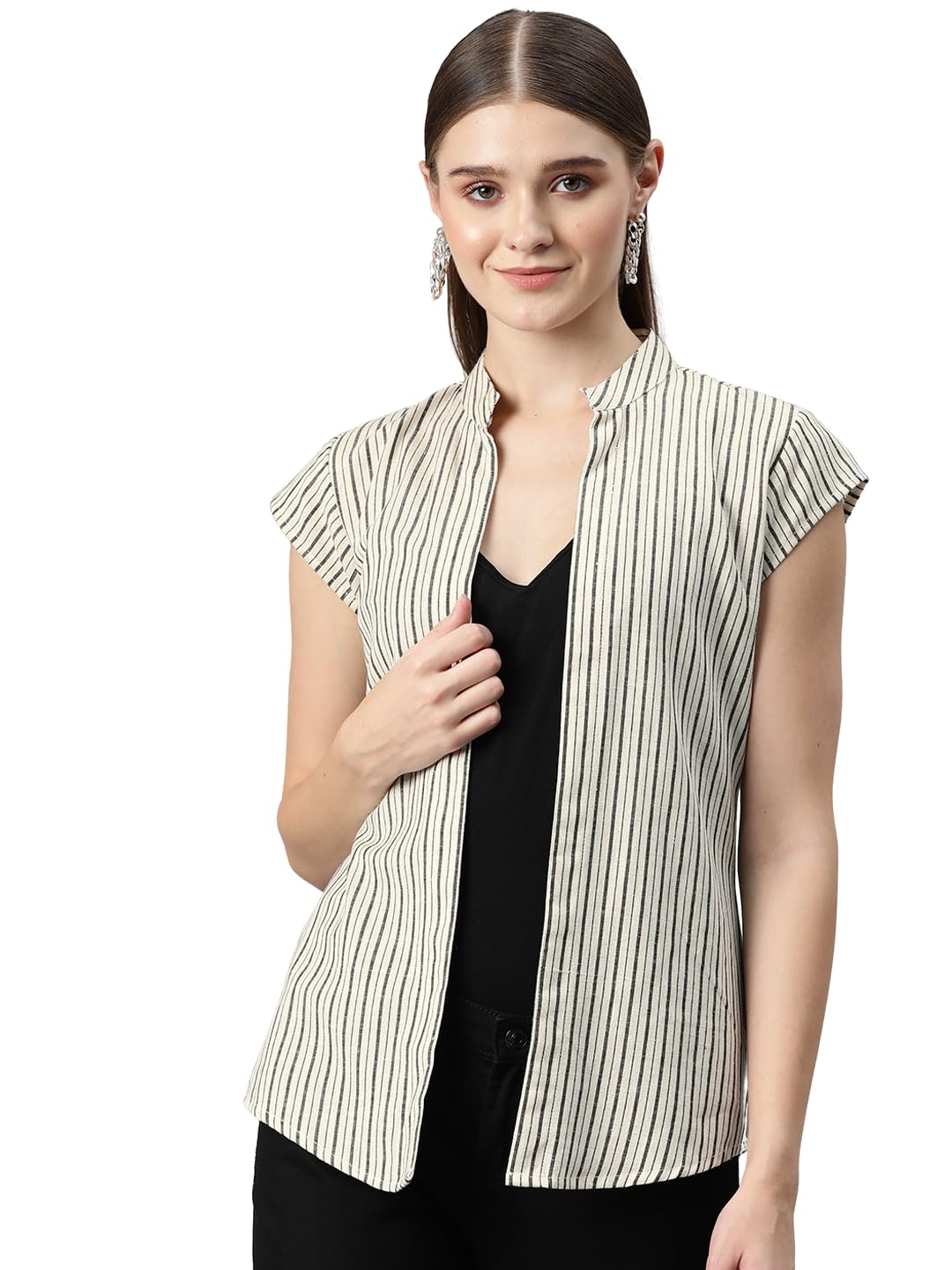 cottinfab Off White and Grey Cotton Striped Open Front Shrug-picture-47