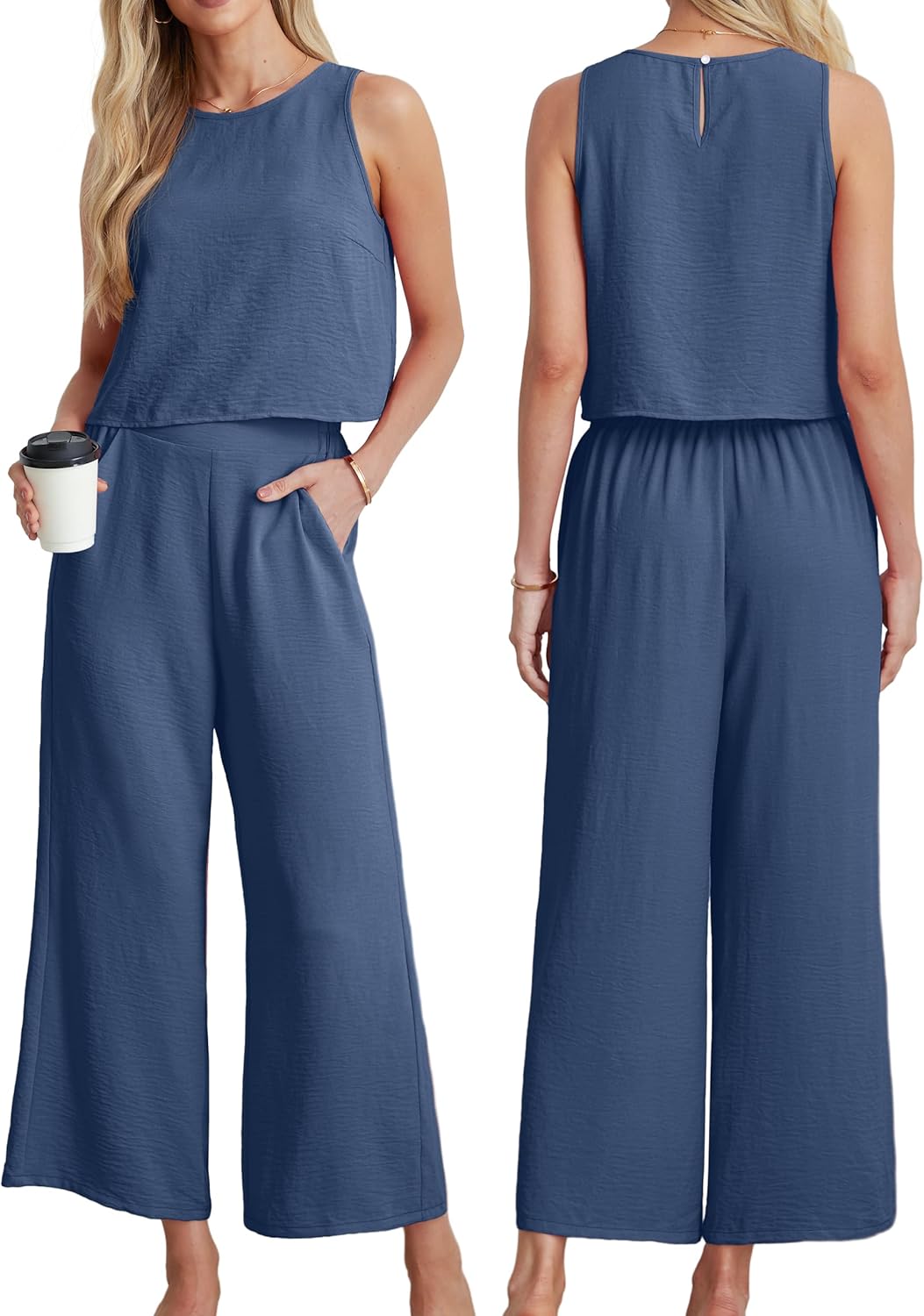 IWOLLENCE Women's Summer 2 Piece Outfits Set Round neck Sleeveless Tank Crop Top Wide Leg pants Set Pockets Jumpsuits - Image 4