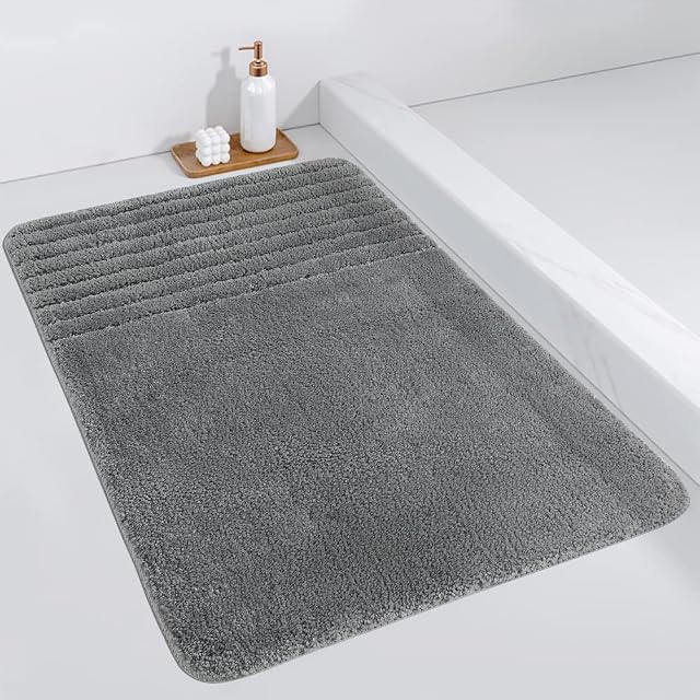 Tiikiy Non Slip Bath Mat, Super Absorbent Soft Shower Mat, Grey Fluffy Microfiber Bath Rug for Bathroom, Machine Washable, Quick Dry Mat, 50 x 80cm