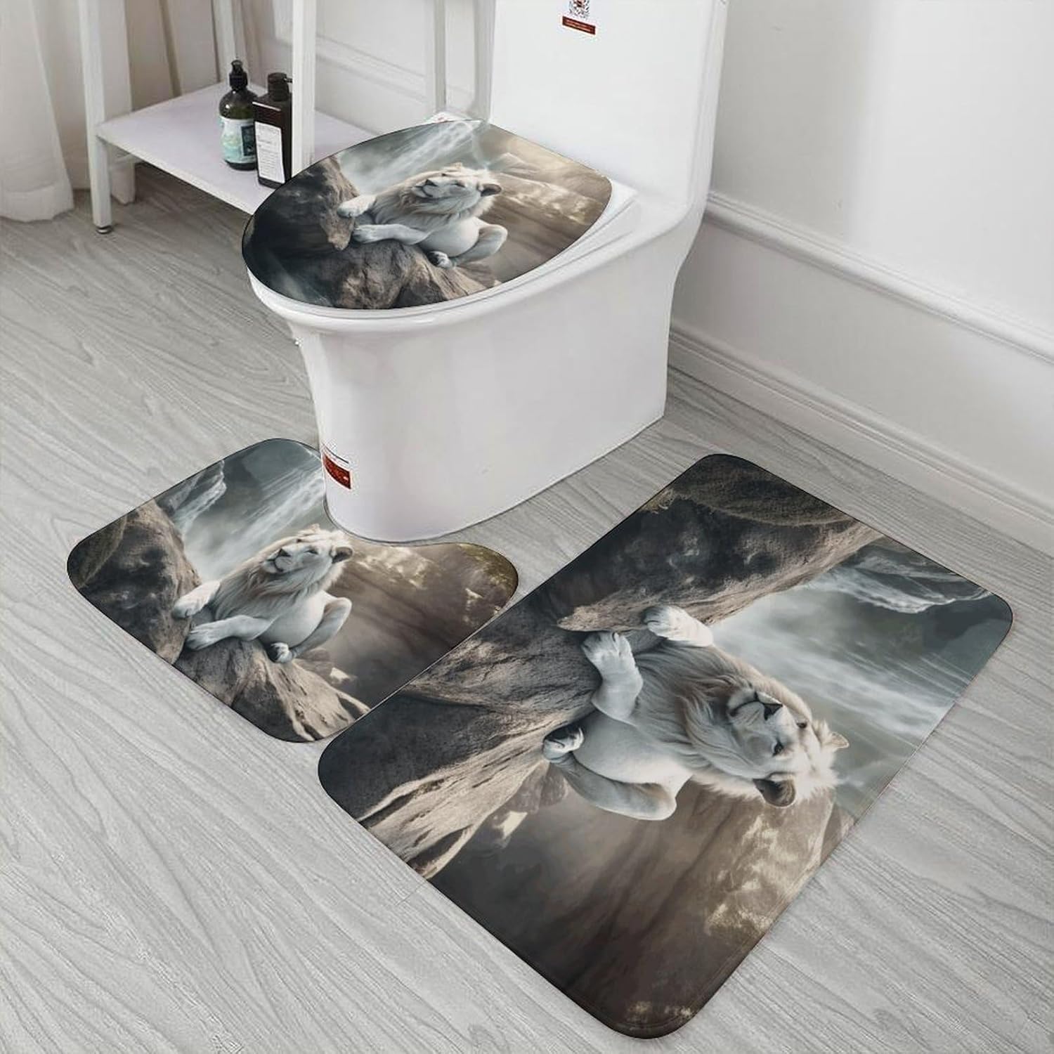 Anti-Skid Floor Mats 3 Piece Set,Lion on Rock Printed Coral Fleece Bathroom Mats U-Shaped Contour Mat Toilet Seat Cover for Bathroom, Tub, Shower, Kitchen 19.7"x31.5"