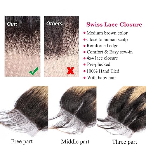 Miniatura 5 de KAFEIER Extensiones de cabello humano brasileño ondulado con encaje frontal de 4 x 4, parte libre, nudos blanqueados previamente arrancados, coser,