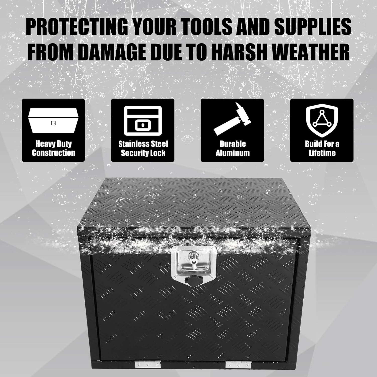 confote 24"x 18"x 18" Heavy Duty Aluminum Stripes Plated Tool Box Underbody Truck Box Pick Up Truck Bed RV Trailer Toolbox Waterproof Square Storage Organizer with Lock and Keys-Black