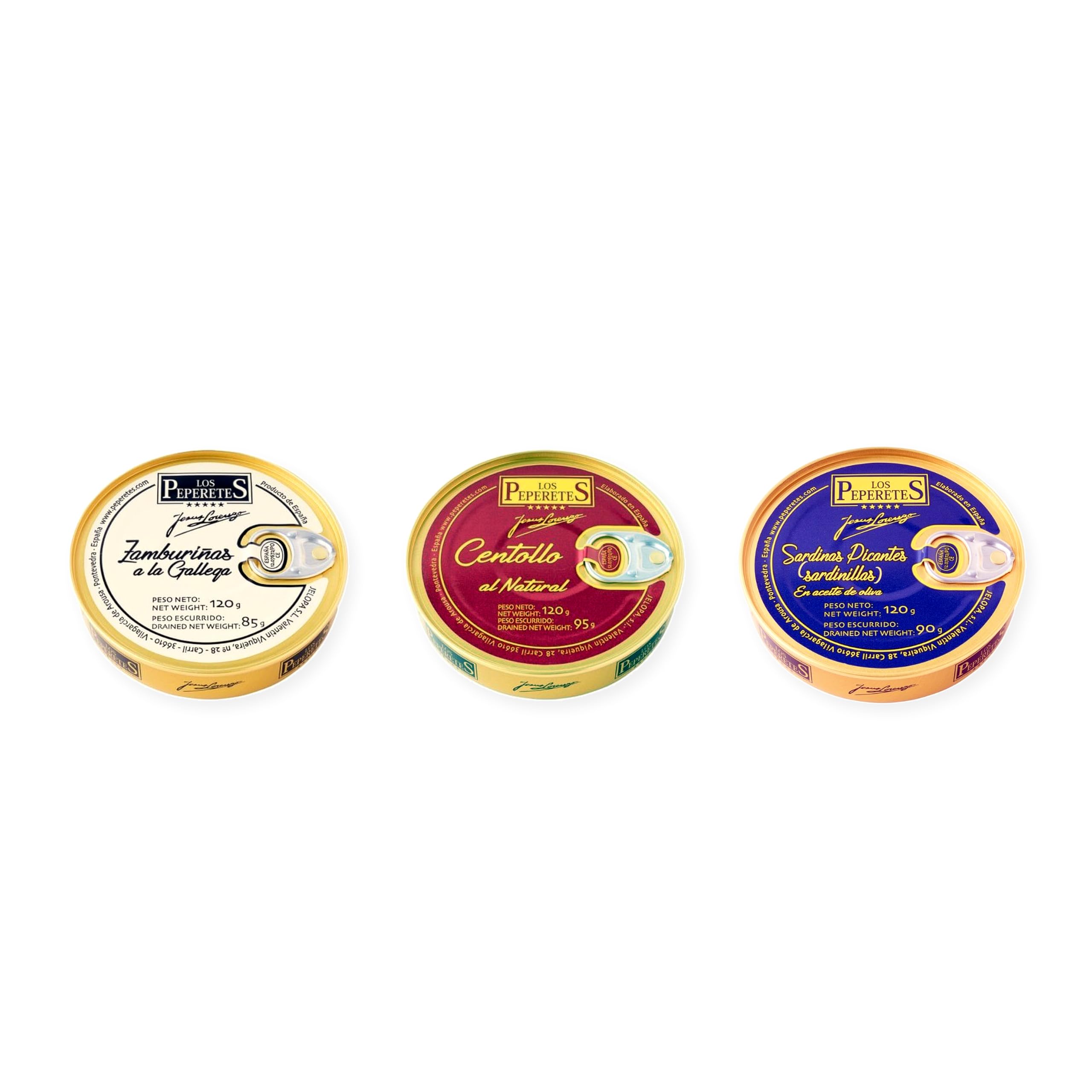 los peperetes conservas Zamburiñas Gallega, Centollo Natural y Sardinillas Picantes pack 3 latas