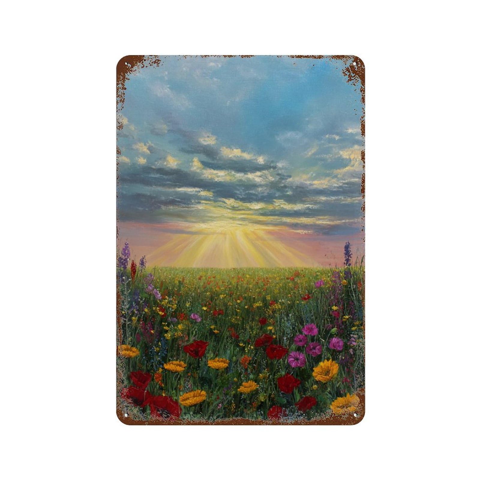 Sunset Wildflower Field Painting 11.8"x7.9" Vintage Metal Tin Sign, Retro Wall Decor for Office, Studio And Wall Decor