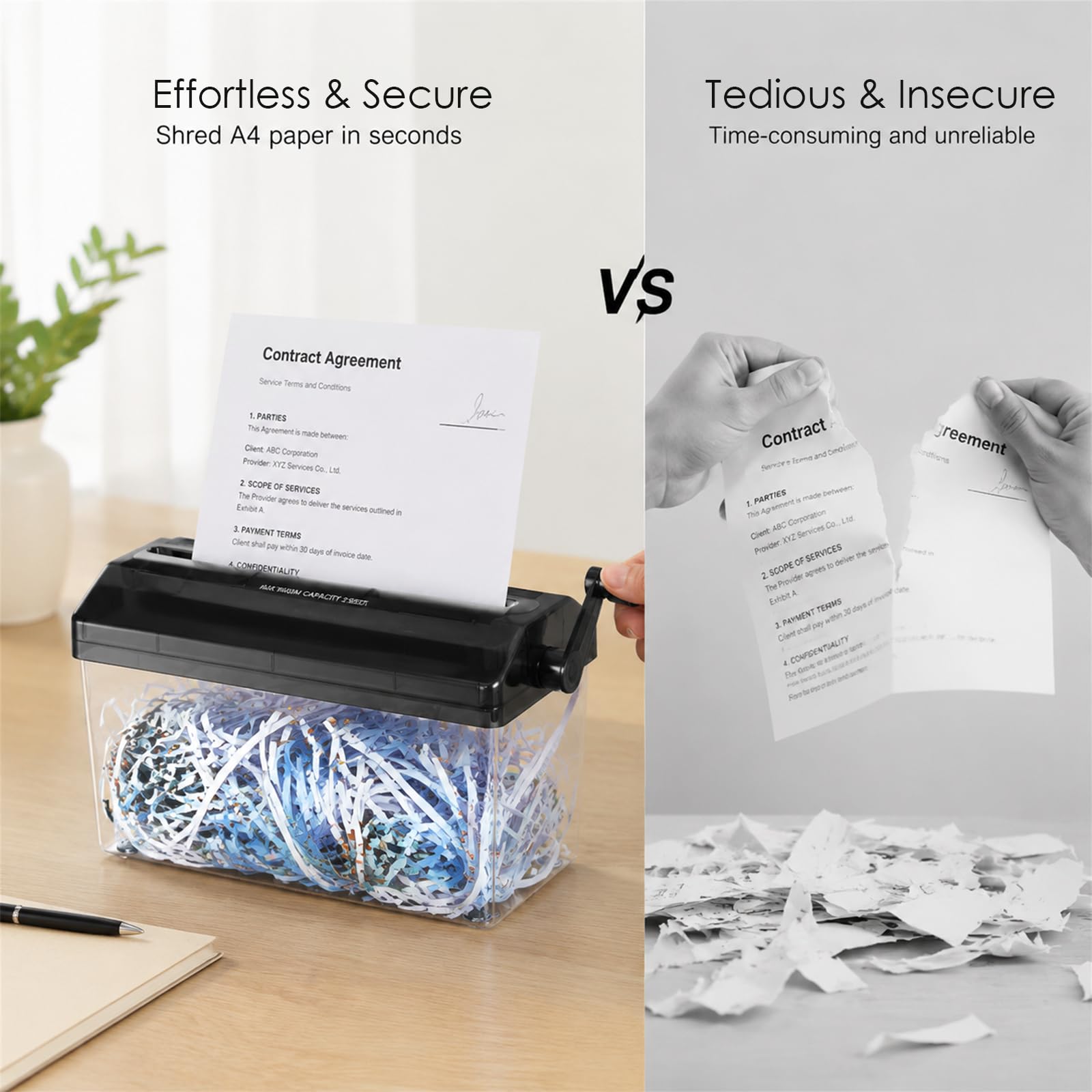 Yuragim Manueller Aktenvernichter A4 mit Kurbel, Kompakter Hand Papierschredder für Büro Zuhause Schule, Streifenschnitt 3 mm, für Finanzdokumente Briefe Papier, tragbar Mini Desktop Design kompakt