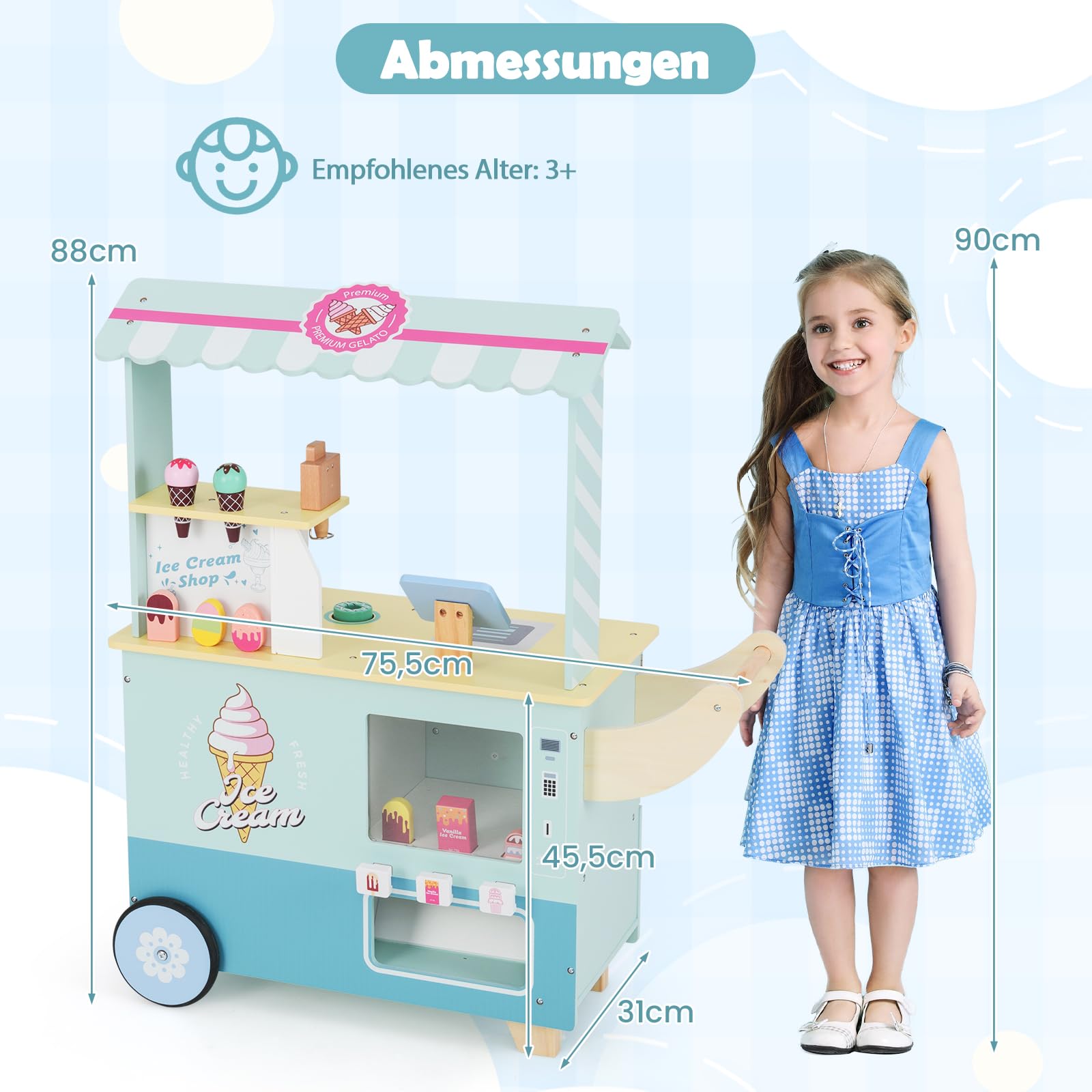 DREAMADE Kinder Eiswagen mit 15 Zubehör, Kaufladen aus Holz mit 2 Rädern & Markise, Eisstand Einkaufsladen für Kinder ab 3 Jahren (Cyan)