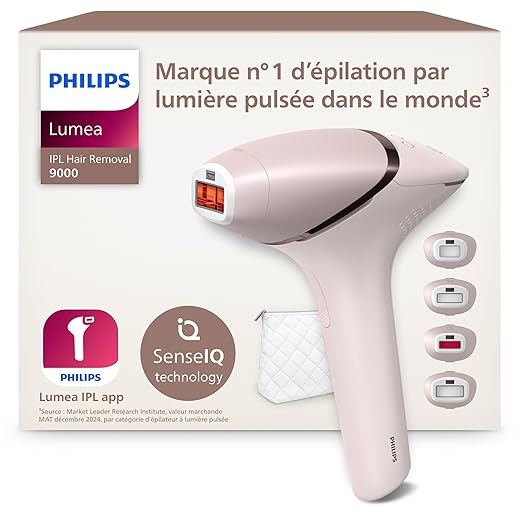 Philips Lumea série 9000, Épilateur à lumière pulsée, alternative à l'épilation laser, technologie SenseIQ, 4 accessoires pour corps, visage, maillot et aisselles, usage avec ou sans fil, BRI957/00