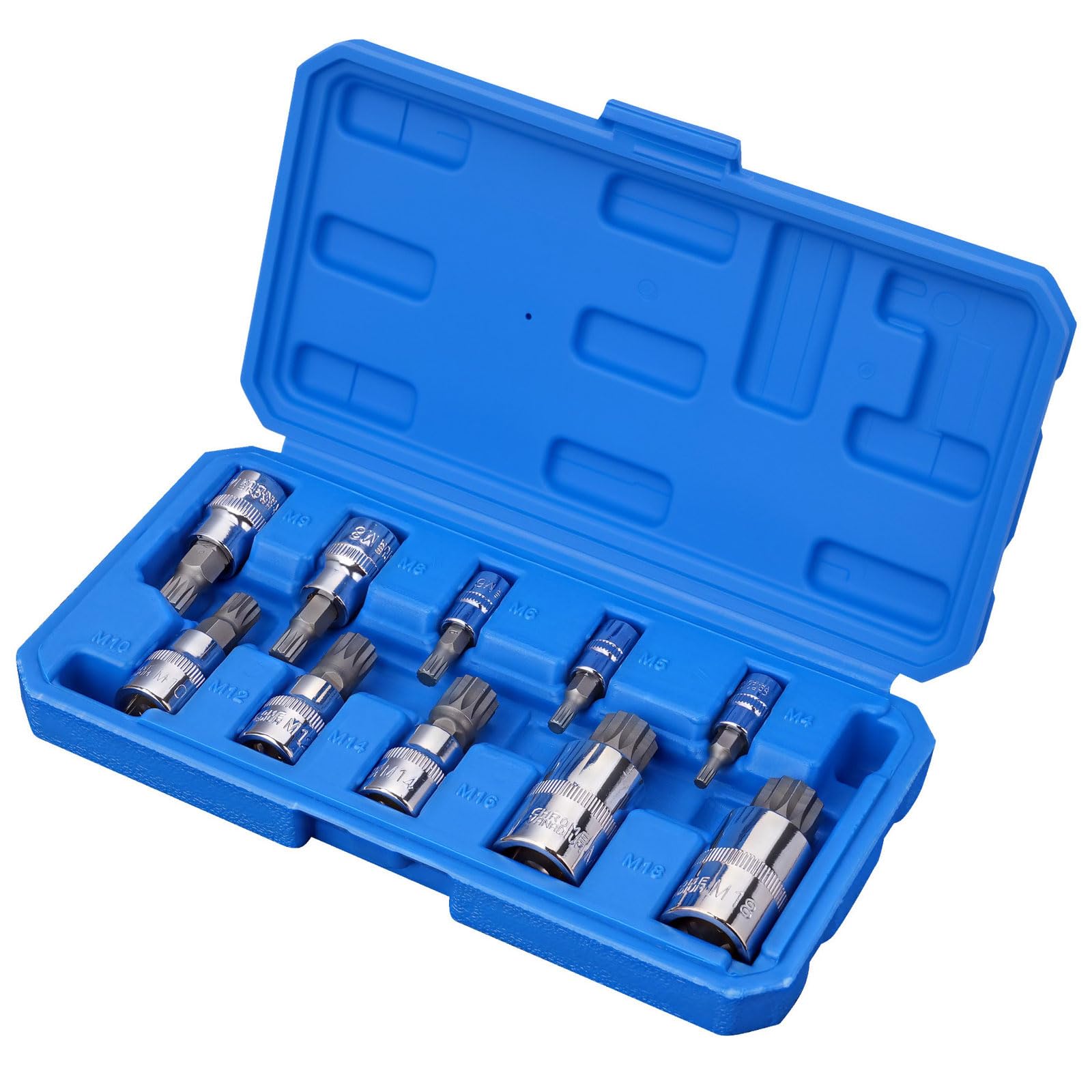 Spline Socket Bit Set 10pcs, Square Triple Silver M4 - M18