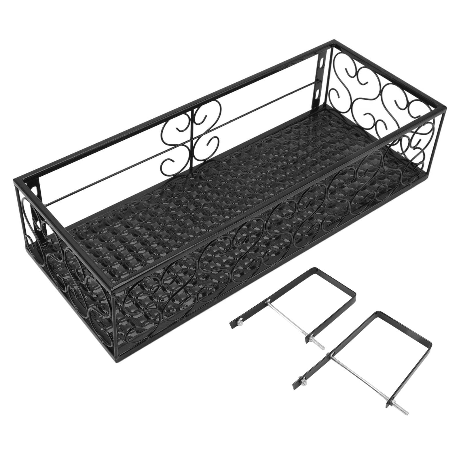 Cesta colgante de hierro para flores, estante de metal negro para flores, estante colgante para maceta, estante decorativo para suculentas, para patio o jardín (para rieles de 10,5 cm)