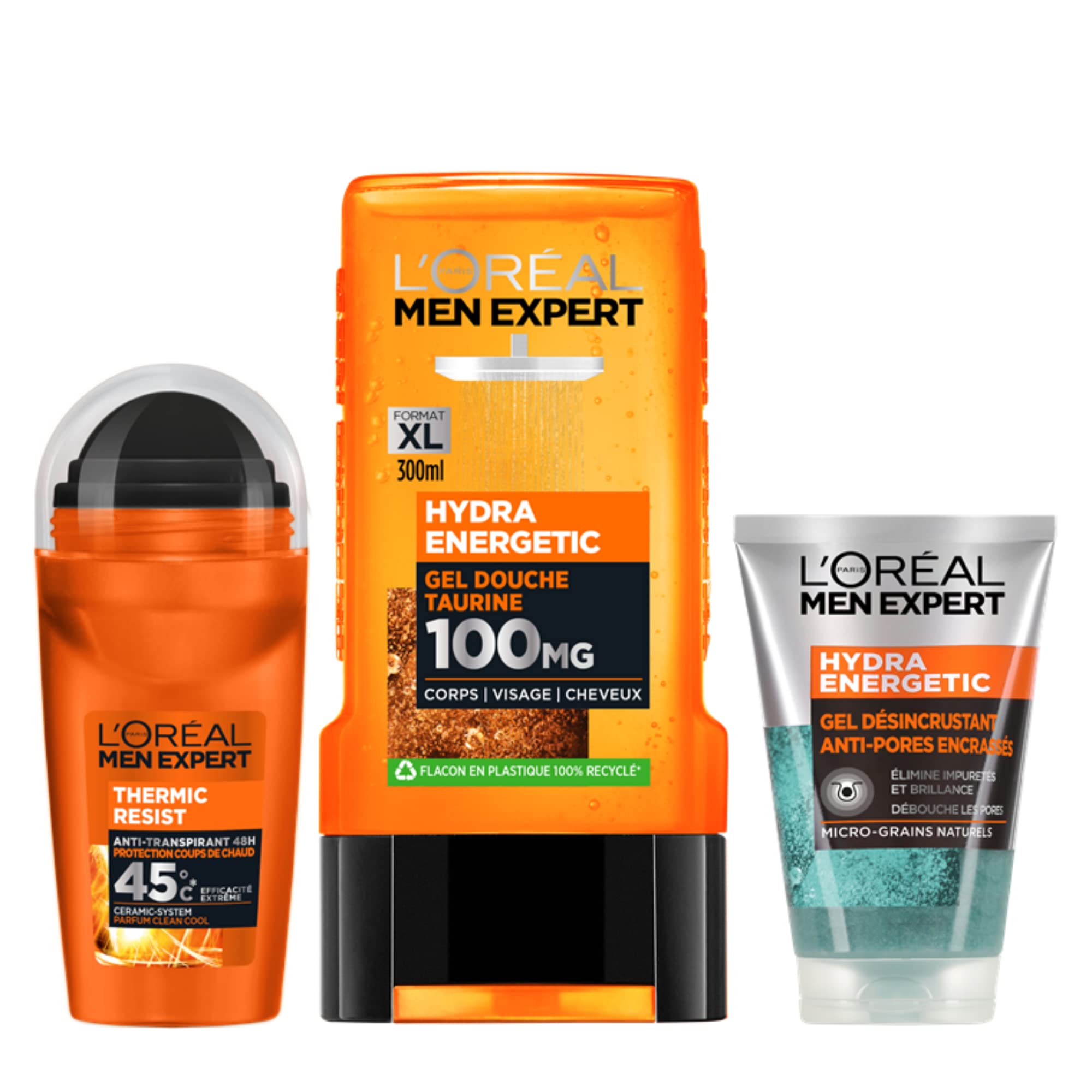L'Oréal Men Expert - Hydra Energetic Routine Box 3 Produkty dla mężczyzn - 1x 48-godzinny dezodorant kulkowy XXL antyperspirant, 1x żel pod prysznic do ciała, włosy i twarz, 1x środek odkażający do