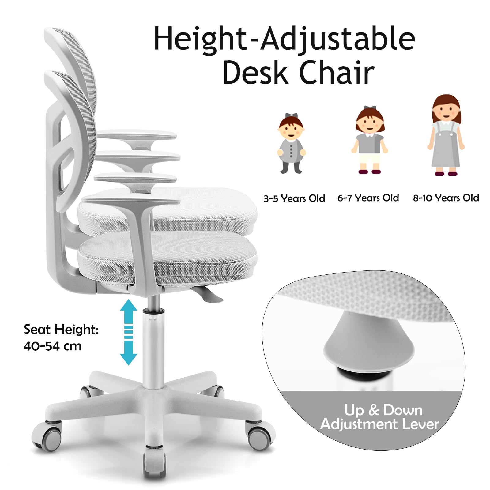LIFEZEAL Silla de Oficina Infantil giratoria, Silla de Oficina Infantil Ajustable en Altura, sillón niño niña ergonómica con Ruedas, de 3 a 10 años, Carga 150 kg (Gris)