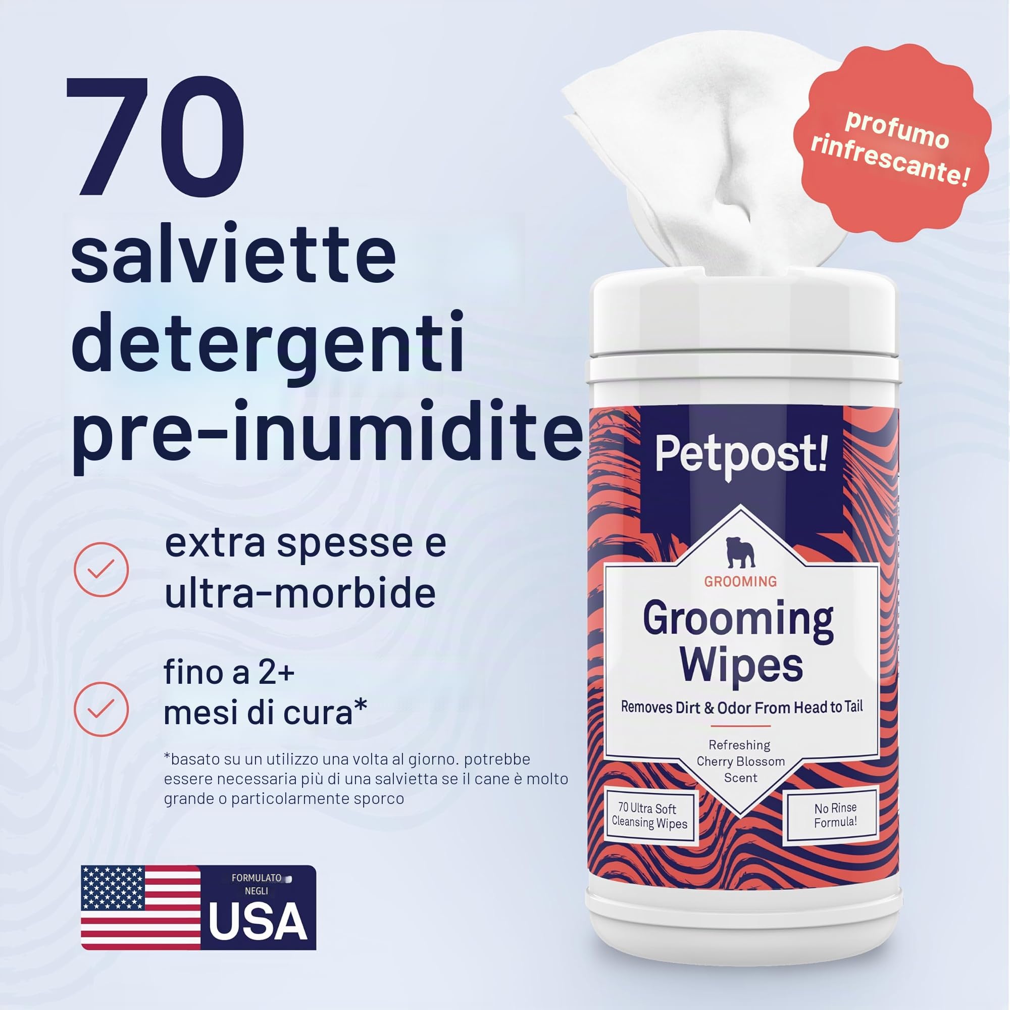 Petpost | Salviette per la Pulizia dei Cani - Salviette Grandi e Deodoranti al Profumo di Fiori di Ciliegio - 70 Tamponi in Cotone Ultra Morbido con Soluzione Detergente (Fiori di Ciliegio)