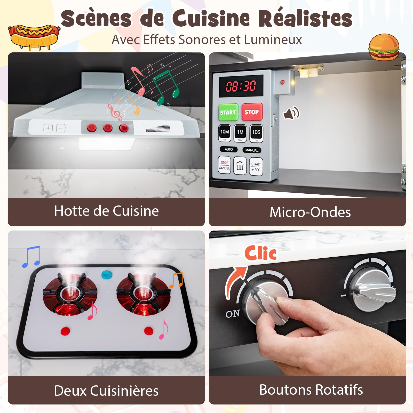 GOPLUS Cuisine en Bois Enfant, Cuisine d'angle avec Tableau Noir, Hotte, Micro-Ondes, Four, Effets Lumineux et Sonores, Accessoires Riches, Jouet d'Imitation pour Enfant 3+ Ans (Café)