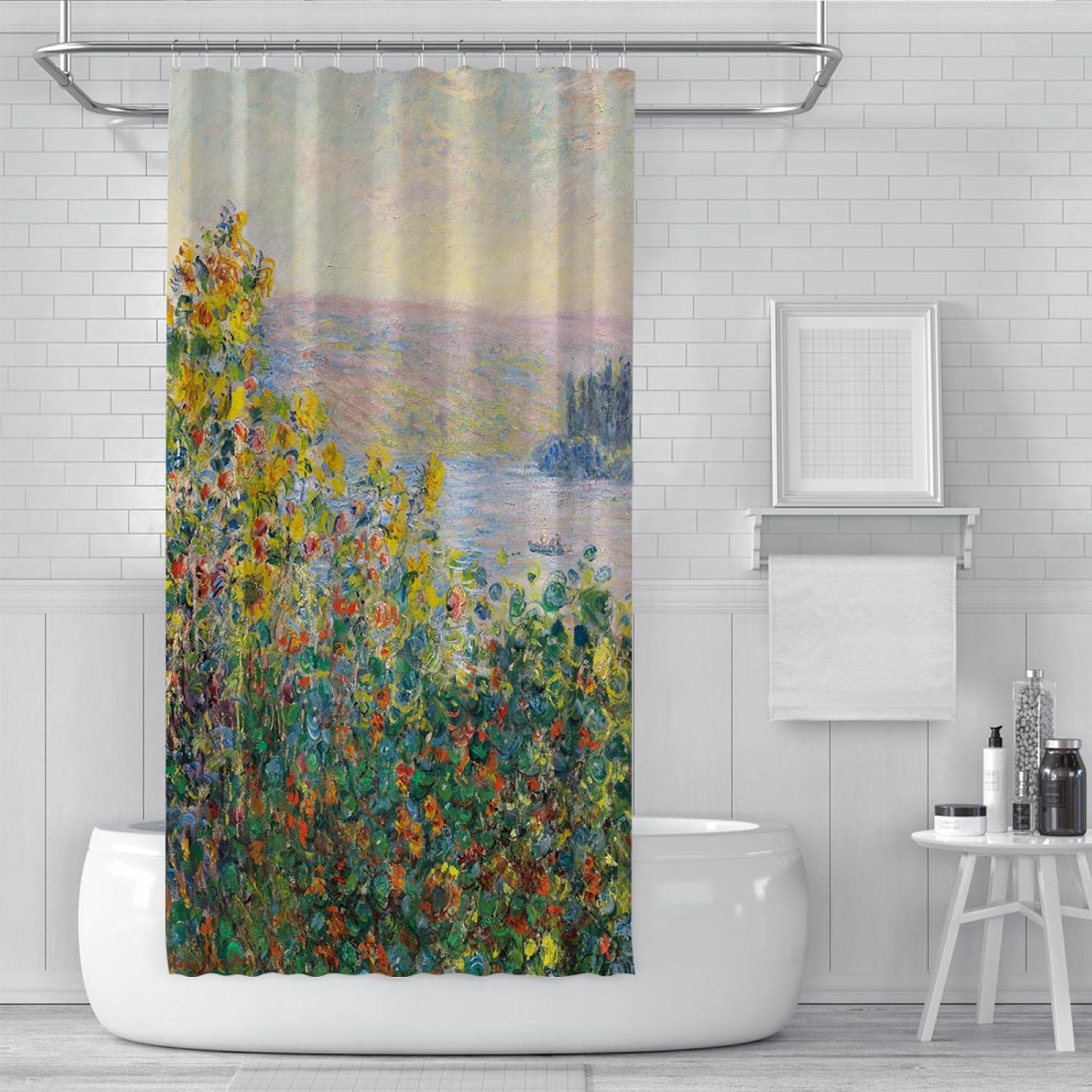Famous Painting Shower Curtain Print Claude Monet Shower Curtain Colorful Wildflowers by The Sea Shower Curtain Liner Waterproof Hotel Grade W72 x L72(in)