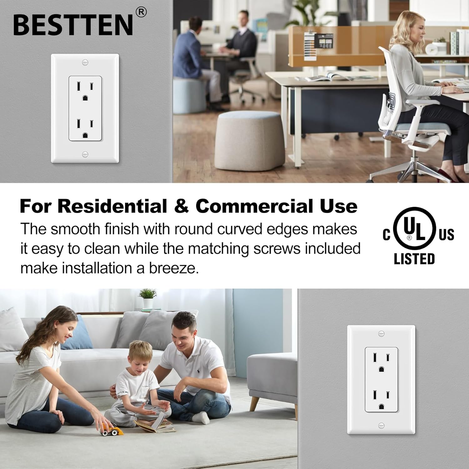 BESTTEN 15 Amp Receptacle Outlet, 50 Pack Electrical Wall Outlet, Non-Tamper Resistant, Decorator Wallplate Included, 15A/125V/1875W, UL Listed, White