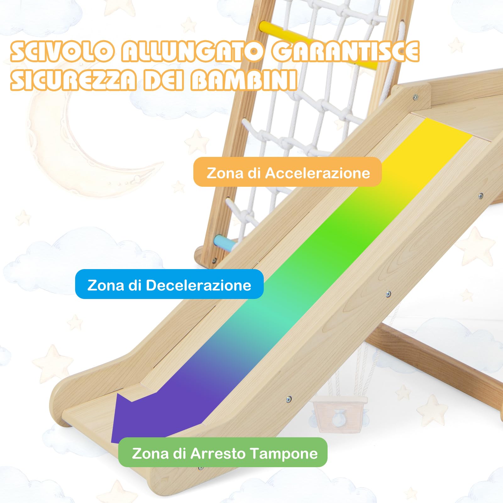 COSTWAY 6 in 1 Set Arrampicata per Bambini, Palestra in Legno con Barre di Scimmia Scivolo Corda e Scale in Legno, Parco Giochi per Bambini 1+ Anni (Colorato)