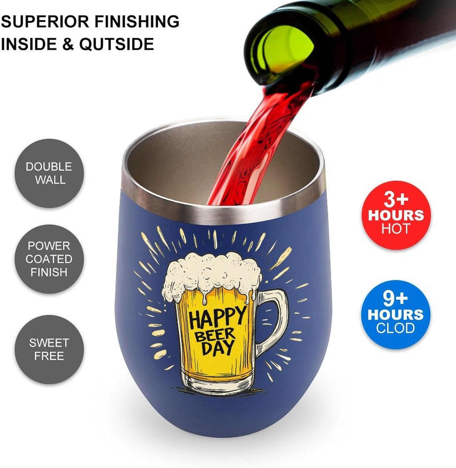 Happy Beer Day Insulated Drinking Cup Stainless Steel Coffee Mug Wine Tumbler with Lid 12OZ