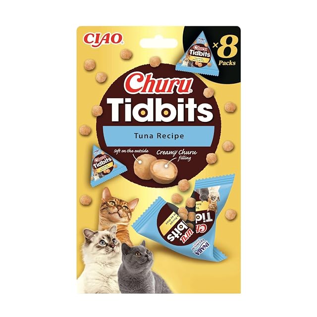 INABA Churu Tidbits Gatos - Receta Saludable de Pollo con Atún y Salmón - Snack Tierno con Relleno Cremoso