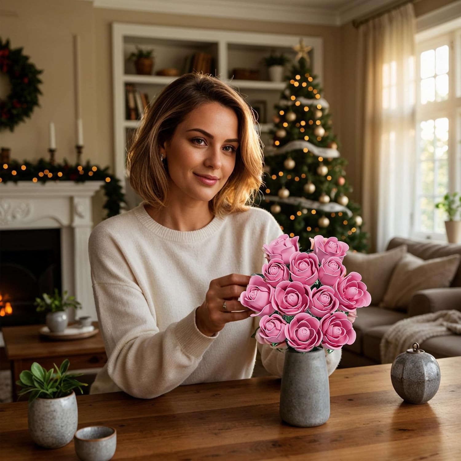 Valentine's Day Gift Pink Rose Bouquet Building Set for Adults Women - 12 Pack Botanical Collection Gift for Christmas Artificial Flowers Botanical Collection Centerpiece Retro Decor - Image 2