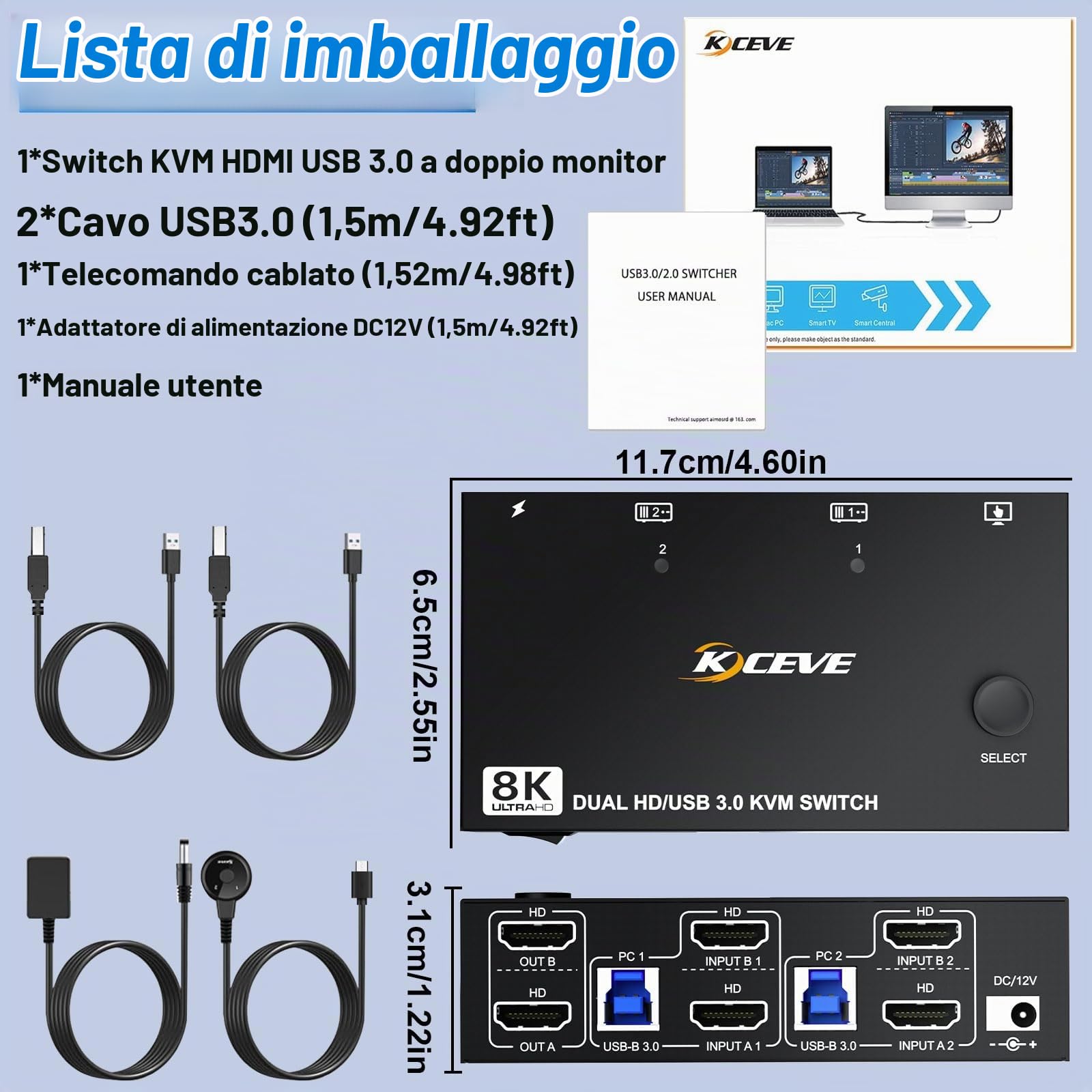 Switch KVM HDMI per 2 computer e 2 monitor, 8K@60Hz/4K@120Hz Dual Monitor KVM Switch per 2 PC, per la condivisione di 2 monitor e dispositivi USB 3.0, con cavi USB, controller e alimentatore di rete