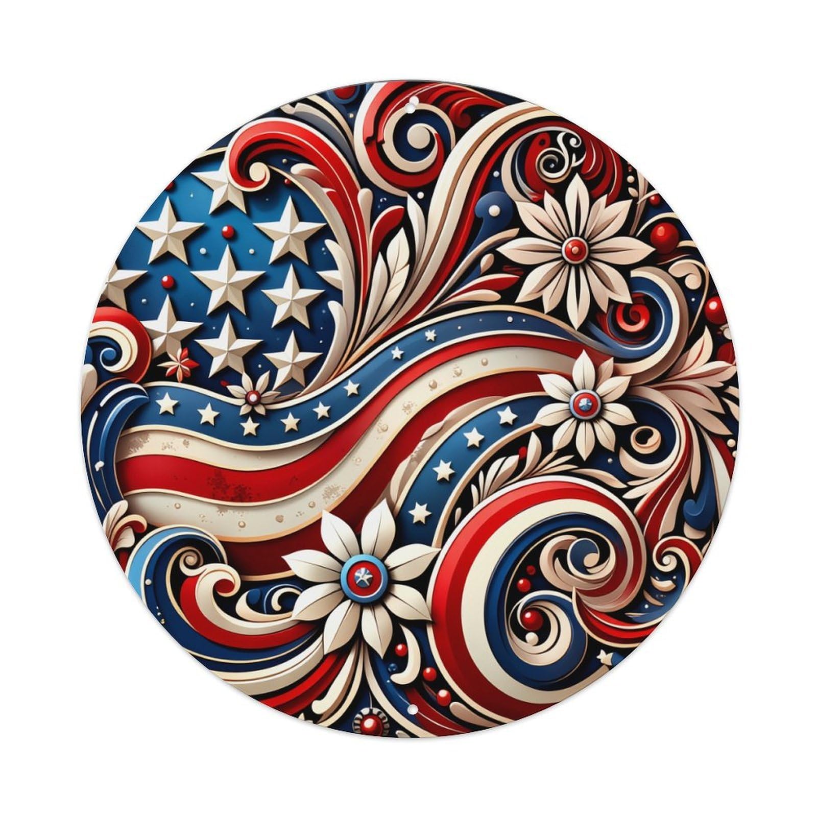 American Flag Floral Swirls Pattern Round Tin Sign Vintage Metal Poster, Home Bar Garage Man Cave Cafe Indoor & Outdoor Wall Decoration 8x8Inches