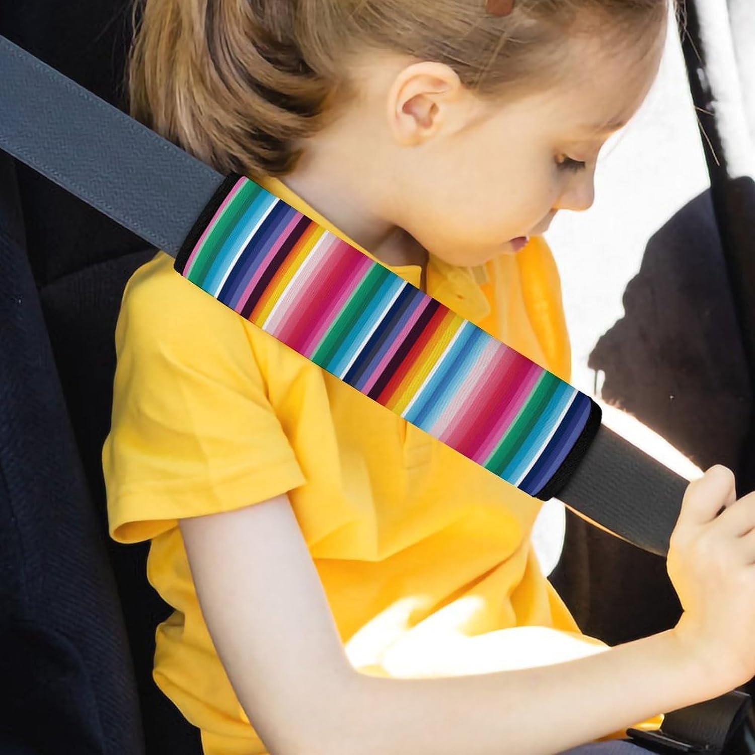 2 PCS Super Soft Car Seat Belt Pad, Cute Colorful Mexican Stripes Printed Waterproof Sweat-Absorbing Seat Belt Covers Backpack Shoulder Pad for All Car Seats Baby Strollers