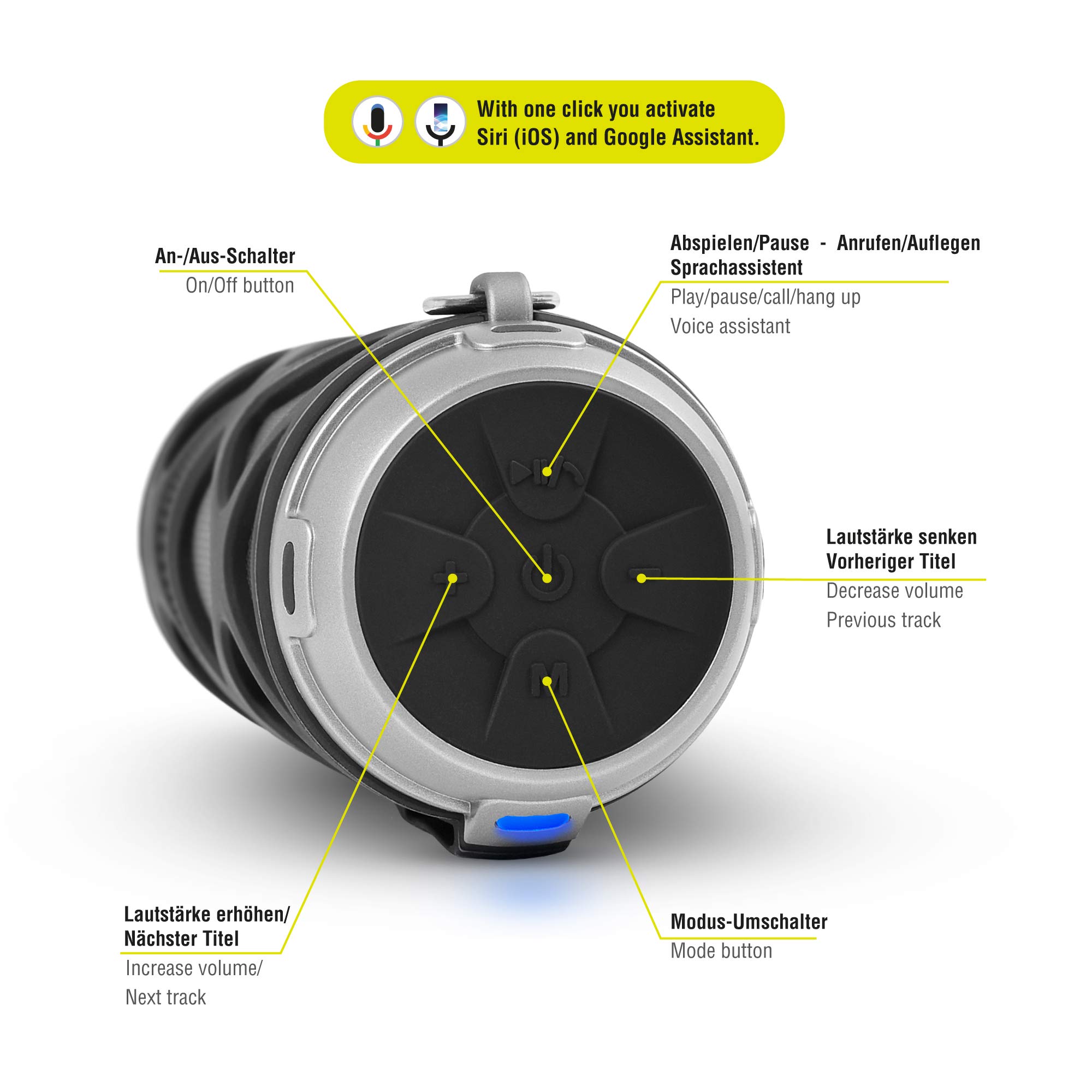LEICKE Bluetooth Lautsprecher DJ Roxxx | spritzwassergeschützter tragbarer Lautsprecher | Kabellose Musikbox | fürs Fahrrad und Outdoor ​| Mit Wasserfest Stoßfest Mikrofon Portable 360° Stereo Audio