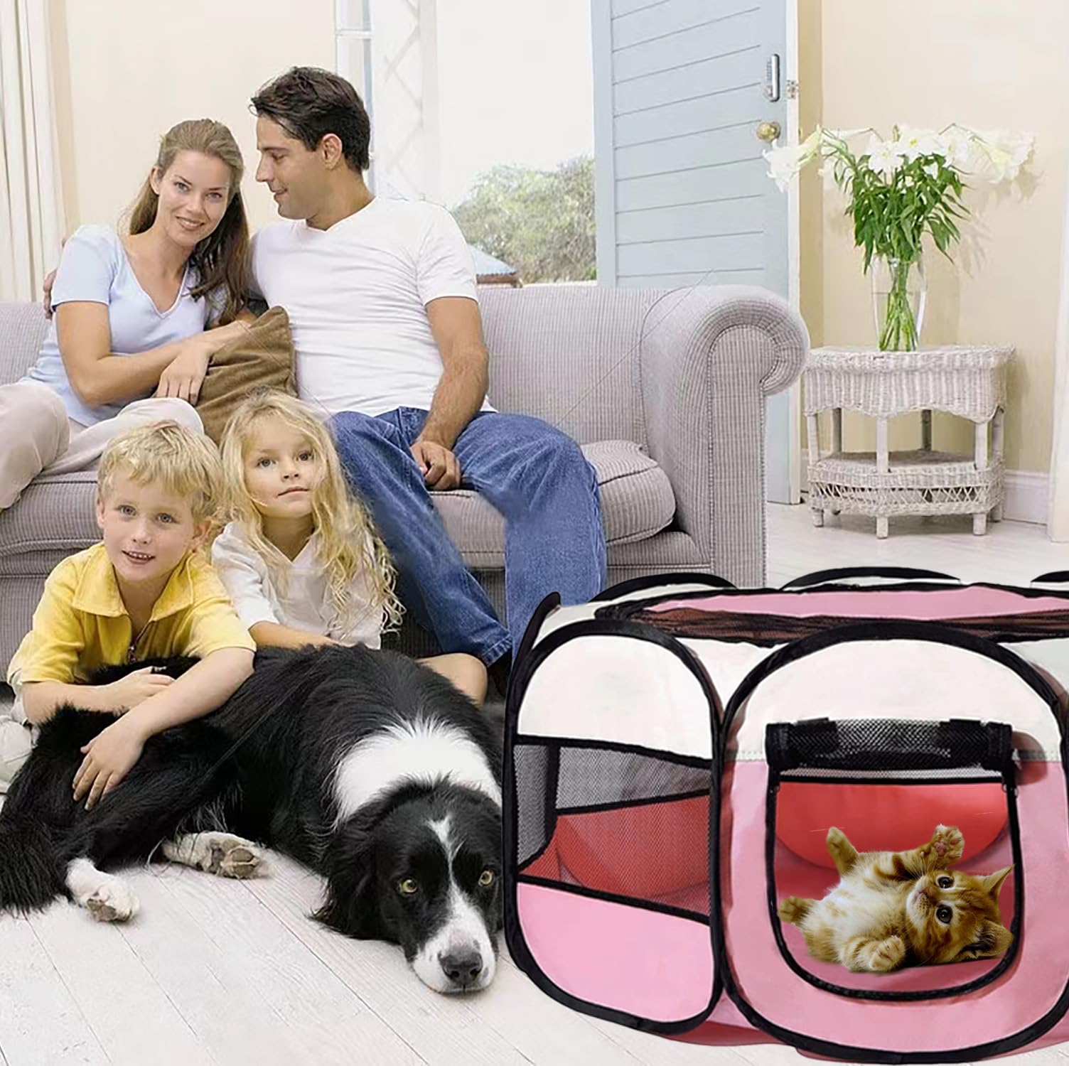 Boîte à Chiots 74 x 74 x 43 cm Pliable pour la Maison, clôture pour Chat, Lapins, intérieur et extérieur (Rouge Rose)