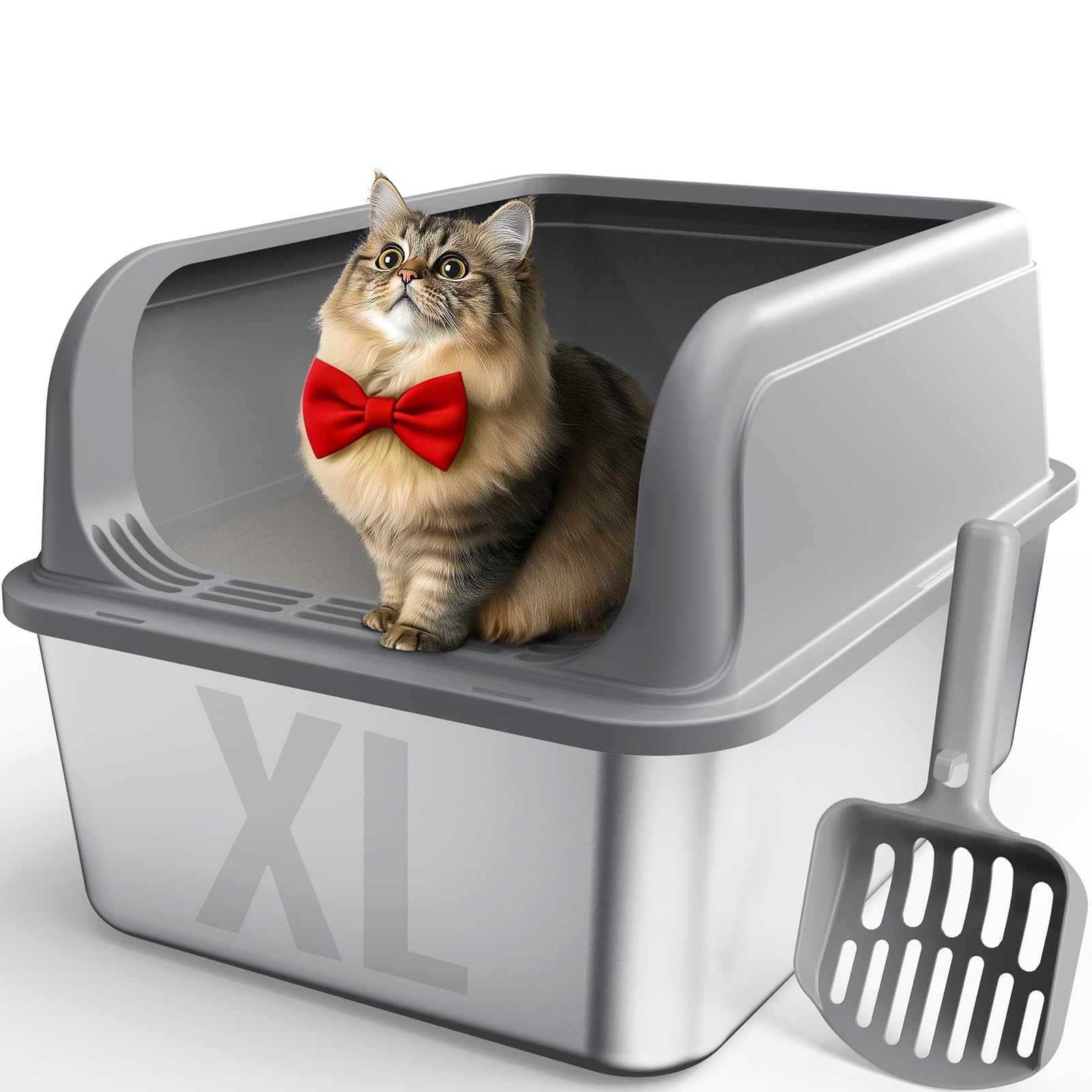 Powools Stainless Steel Cat Litter Box, Metal Litter Box with Scoop, High- Sided, Anti-Leakage Top Entry, Non-Sticky, Easy to Clean, Grey, XL (1 Pack)