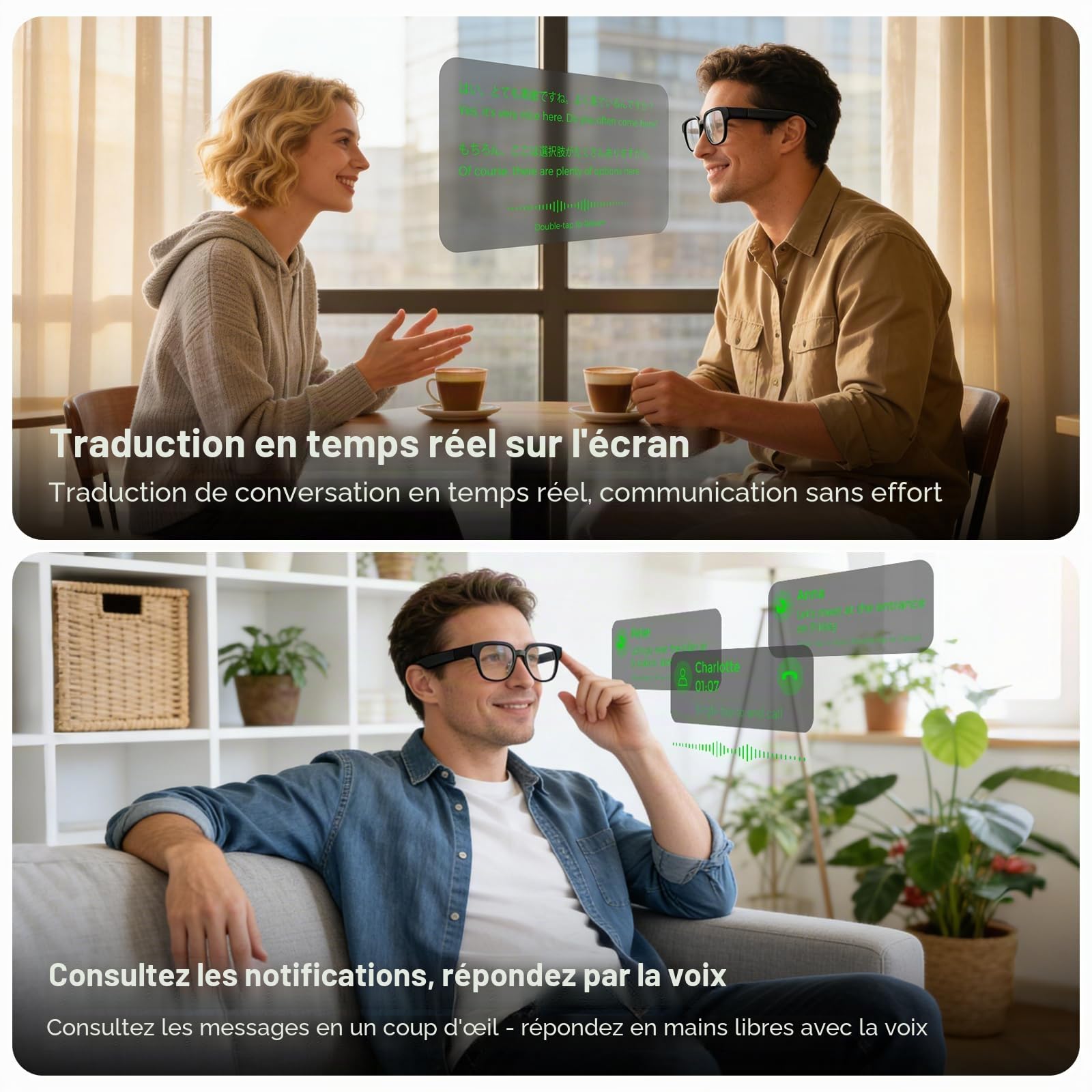 Lunettes Intelligentes AR avec Traduction Vocale en Temps Réel,Téléprompteur À Affichage IA,Plus De 40 Langues en Ligne Et 8 Hors Ligne,Double Batterie 440 MAh,pour Réunions d'affaires Et Voyages