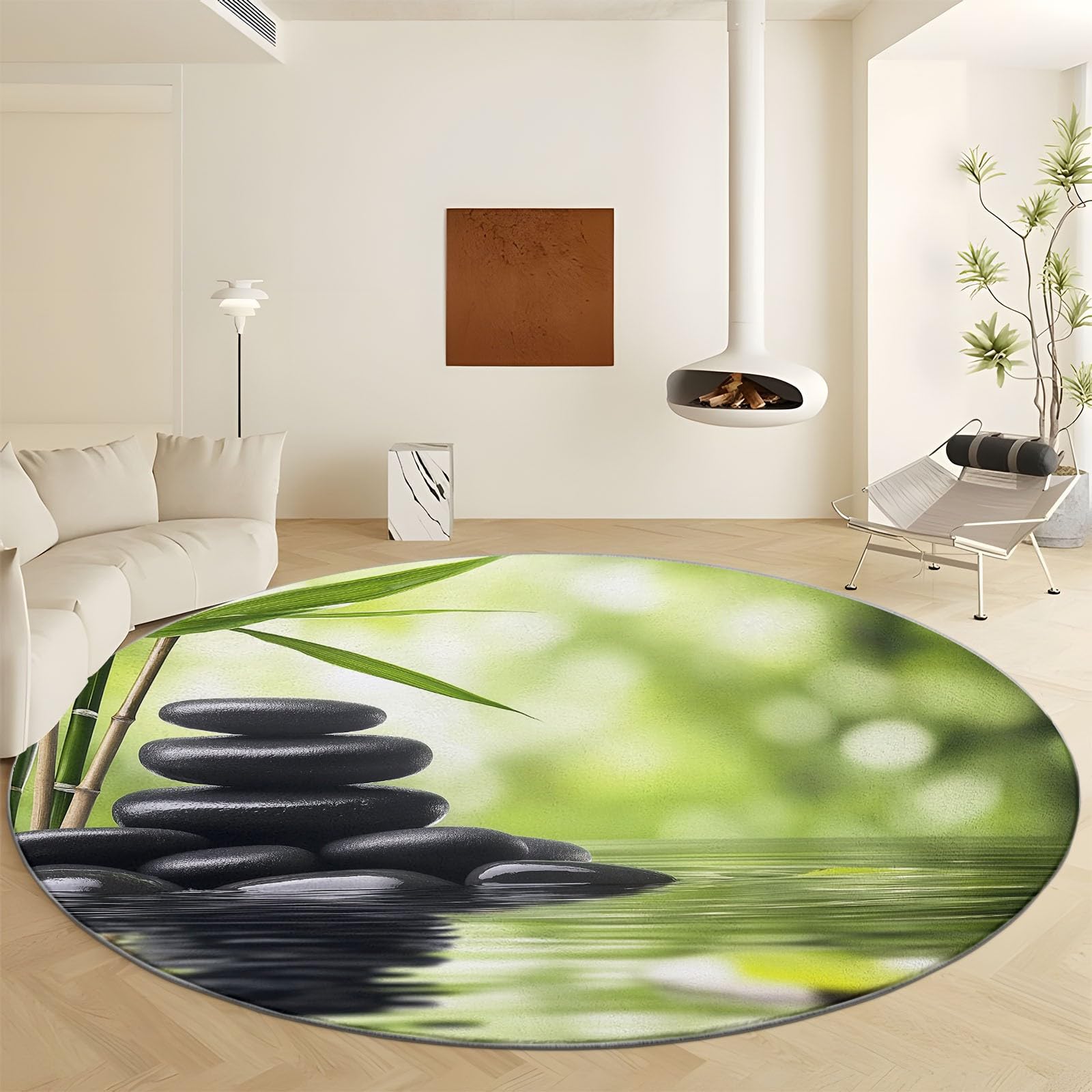 Tapis Rond de Sol 180 cm Plantes en Pierre Noire de méditation, Tapis Lavable imprimé atmosphère de méditation à Poils Courts - Moquette Coureur antidérapant Doux pour Salon Chambre Salle à Manger