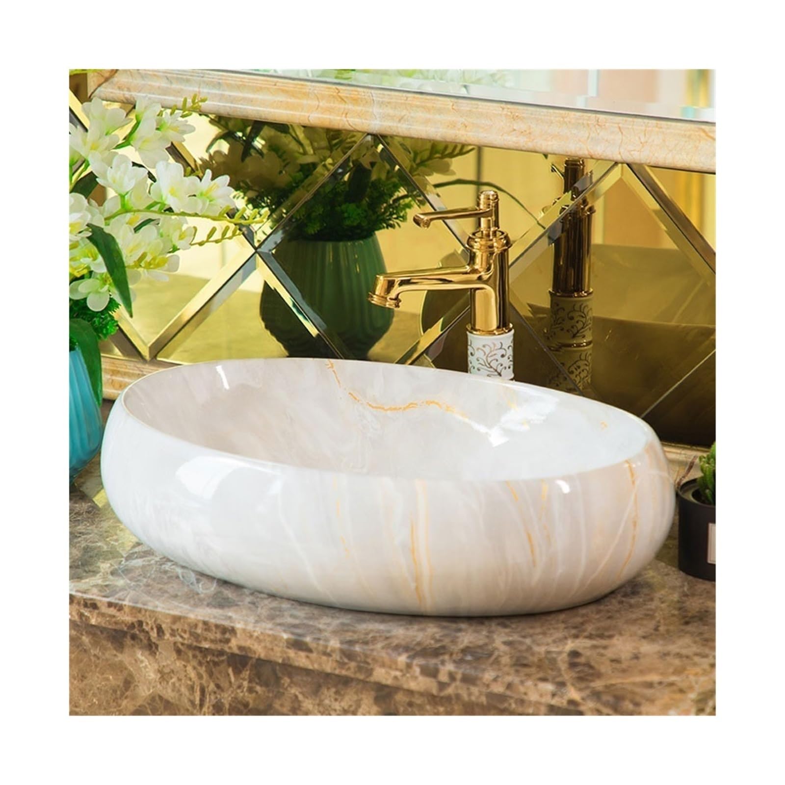 Sjdopulse Vessel Sink Vessel Vanity Sink Imitation Marble Texture Bathroom Sink Countertop Basin Oval Bathroom Ceramic Washbasin With Accessories Bathroom Sink Ceramic Small Si