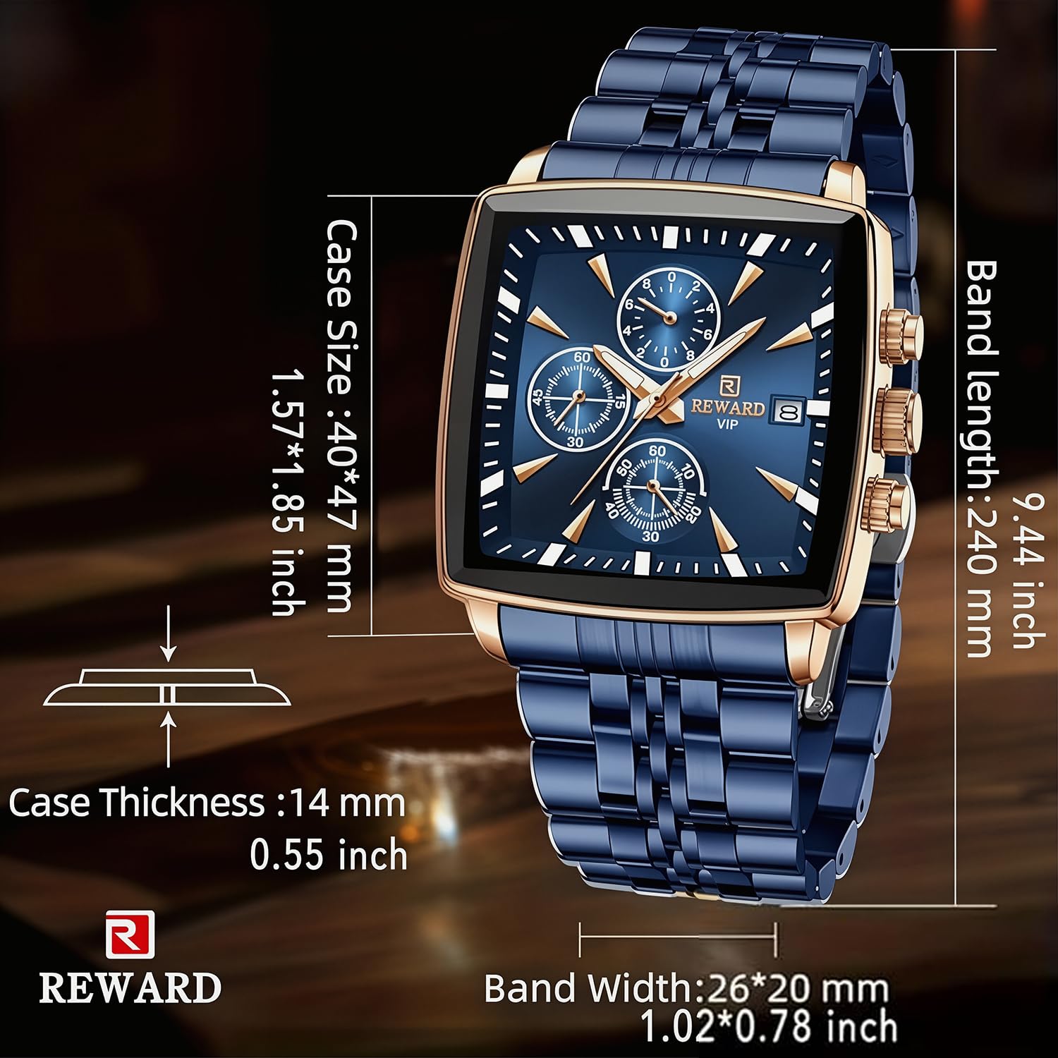 FORSINING Orologio Uomo Quadrato, Orologio Cronografo al Quarzo Business con Funzione Luminosa e Data, Impermeabile Cinturino in Acciaio Inossidabile Blu Orologio di Lusso per Uomo