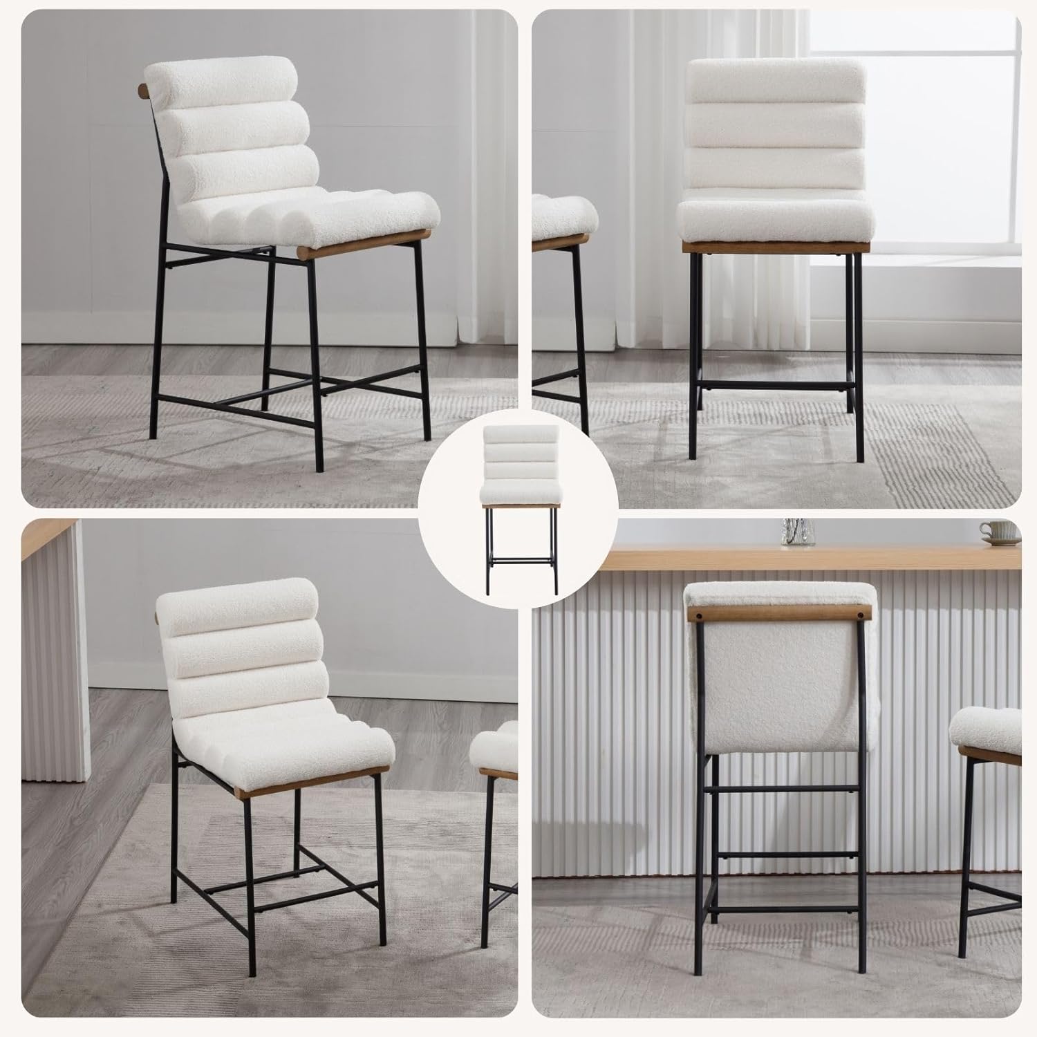 White Boucle Bar stools Set of 2, 25” Modern Upholstered Counter stools with Black Metal Legs, Sherpa Counter Height Chairs for Kitchen Island Armless Stool with Channel Tufted Back