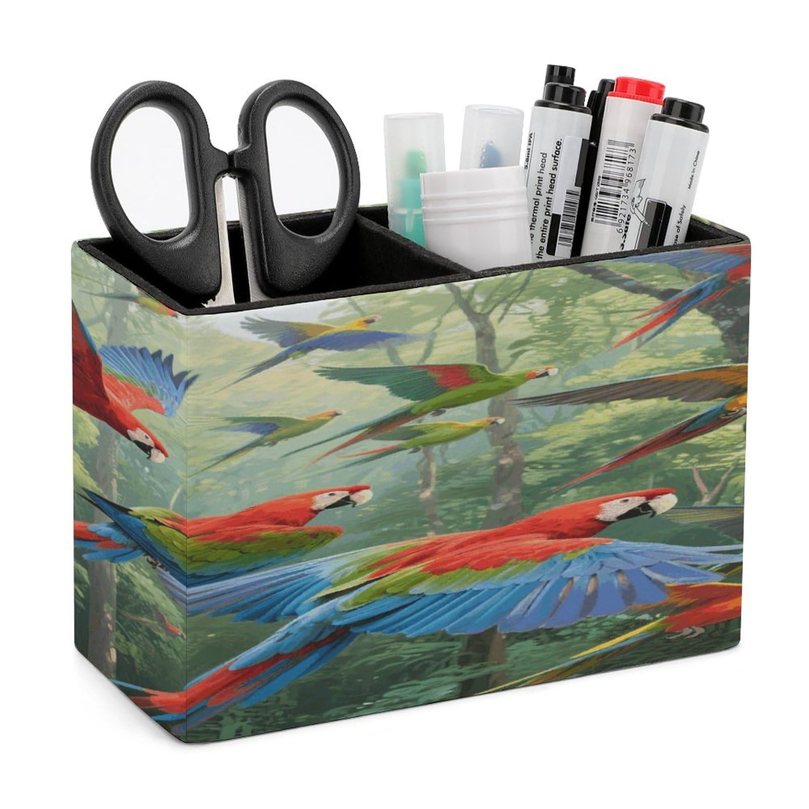VstaDank Parrots Pencil Holder for Desk Organizer 2 Compartments Pen Cup Leather Square Pen Holder Pencil Cup Stand Makeup Brush Holders for Desktop Organizer Storage Case